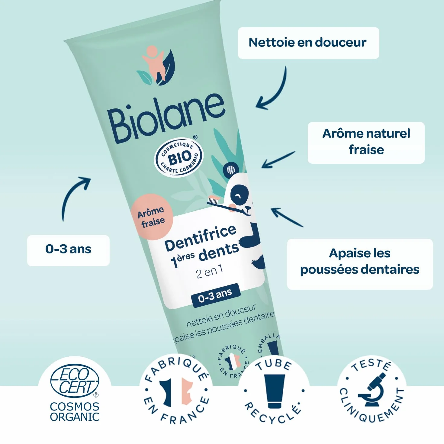 BIOLANE Dentifrice Bébé 2en1 BIO 50 ml Sans Fluor Arôme Fraise Fabriqué en France
