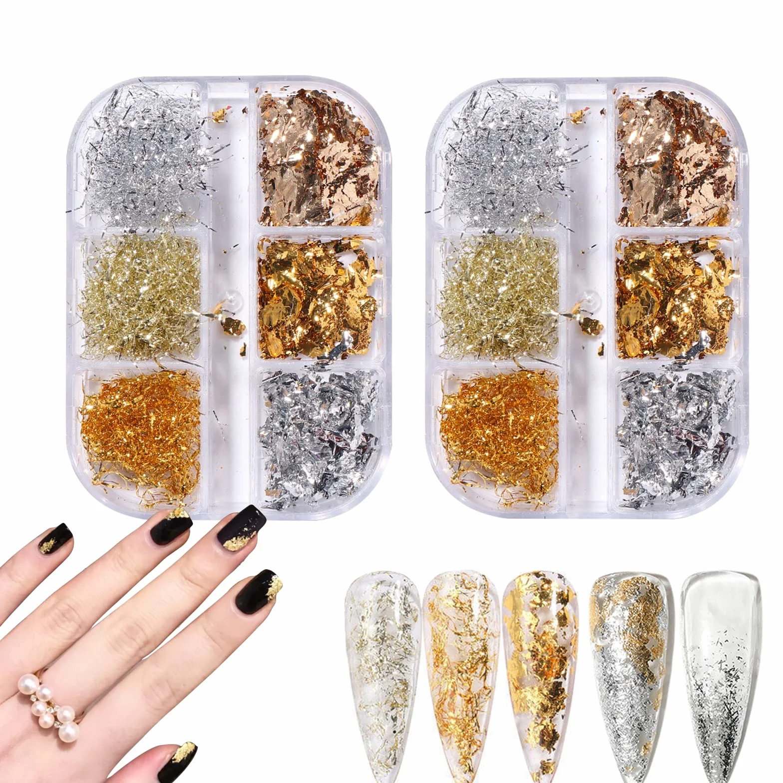 HOINCO Paillette à Ongles Feuille Holographique 2 Boîtes 12 Grilles Argent Cuivre Or Flocons Mixte