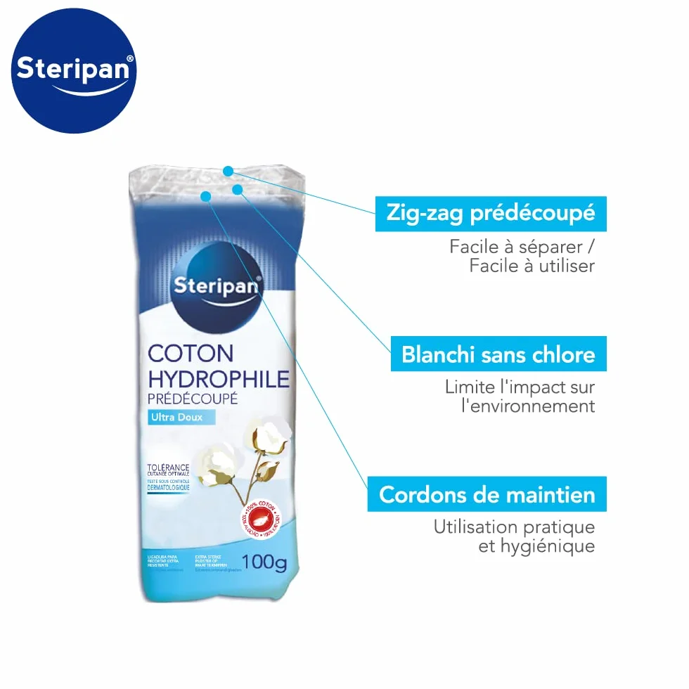 Steripan Coton Hydrophile Dermatologique Prédécoupé 100% coton 100g