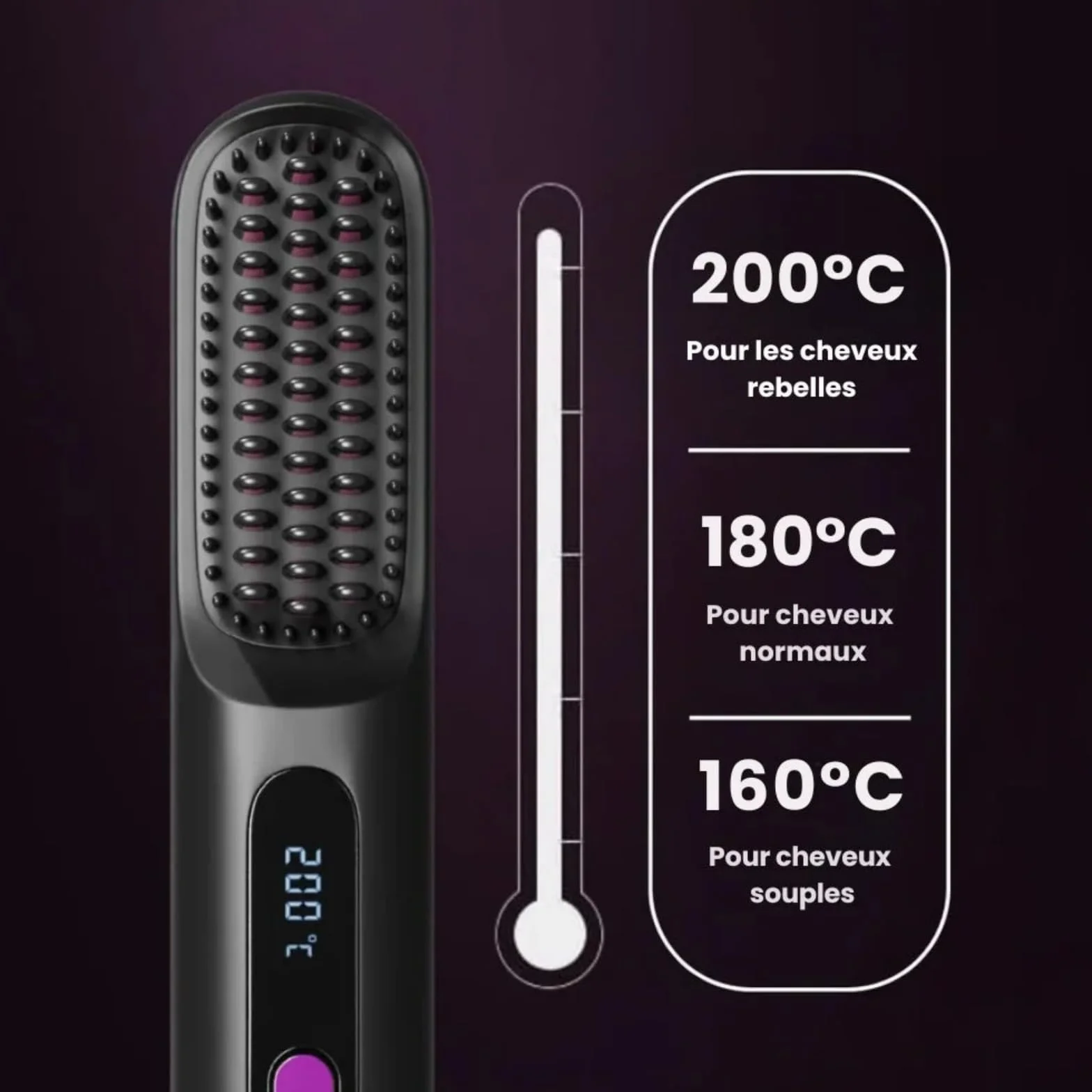Brosse Cocoony Lisseur Balai Sans Fil Cheveux Courts 3 Niveaux Chaleur Écran LED USB-C