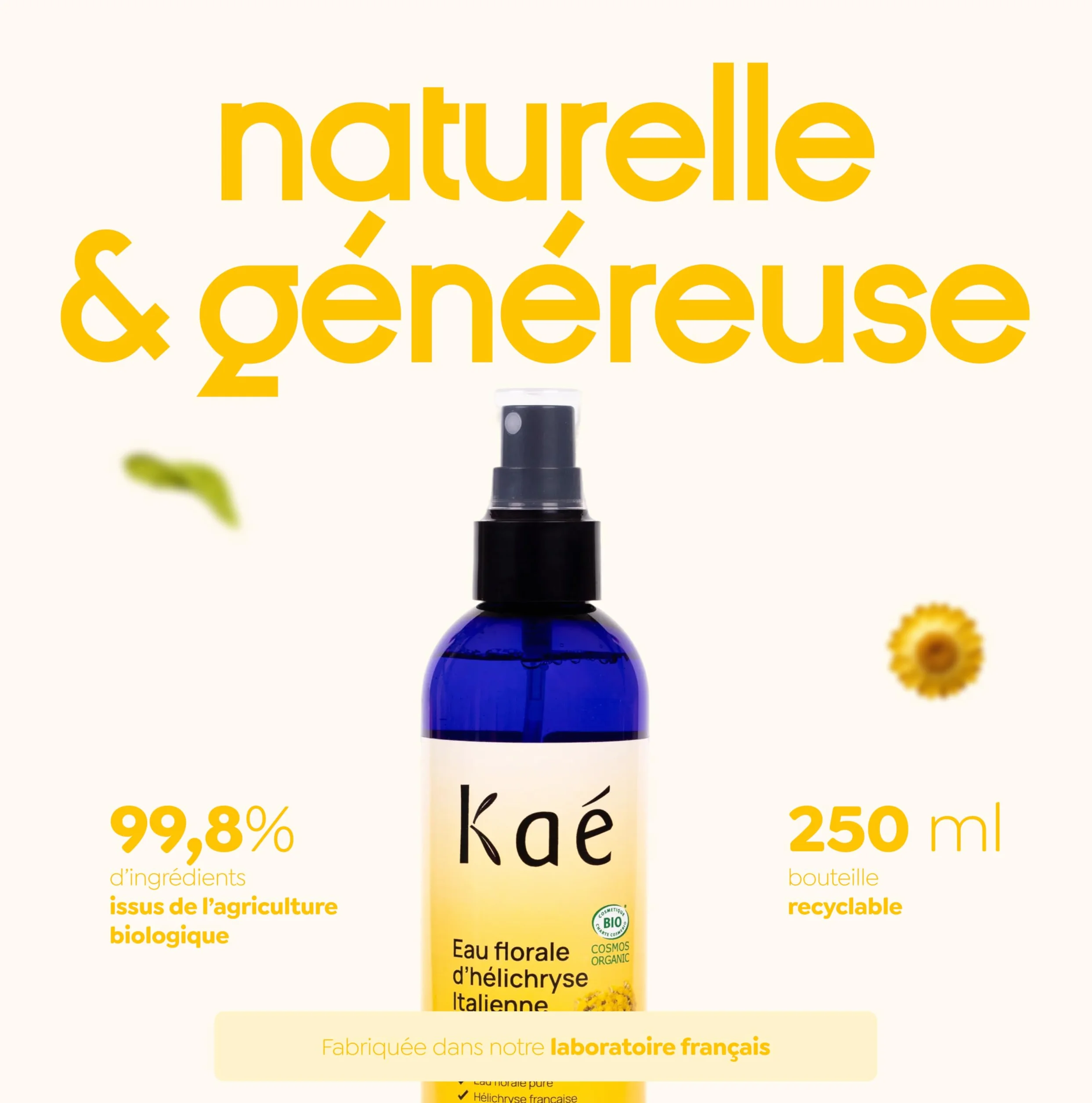 KAÉ Eau Florale d'Hélichryse Italienne Bio 250ml Lotion Tonique Apaisante Fabriquée en France 99,8% Naturelle