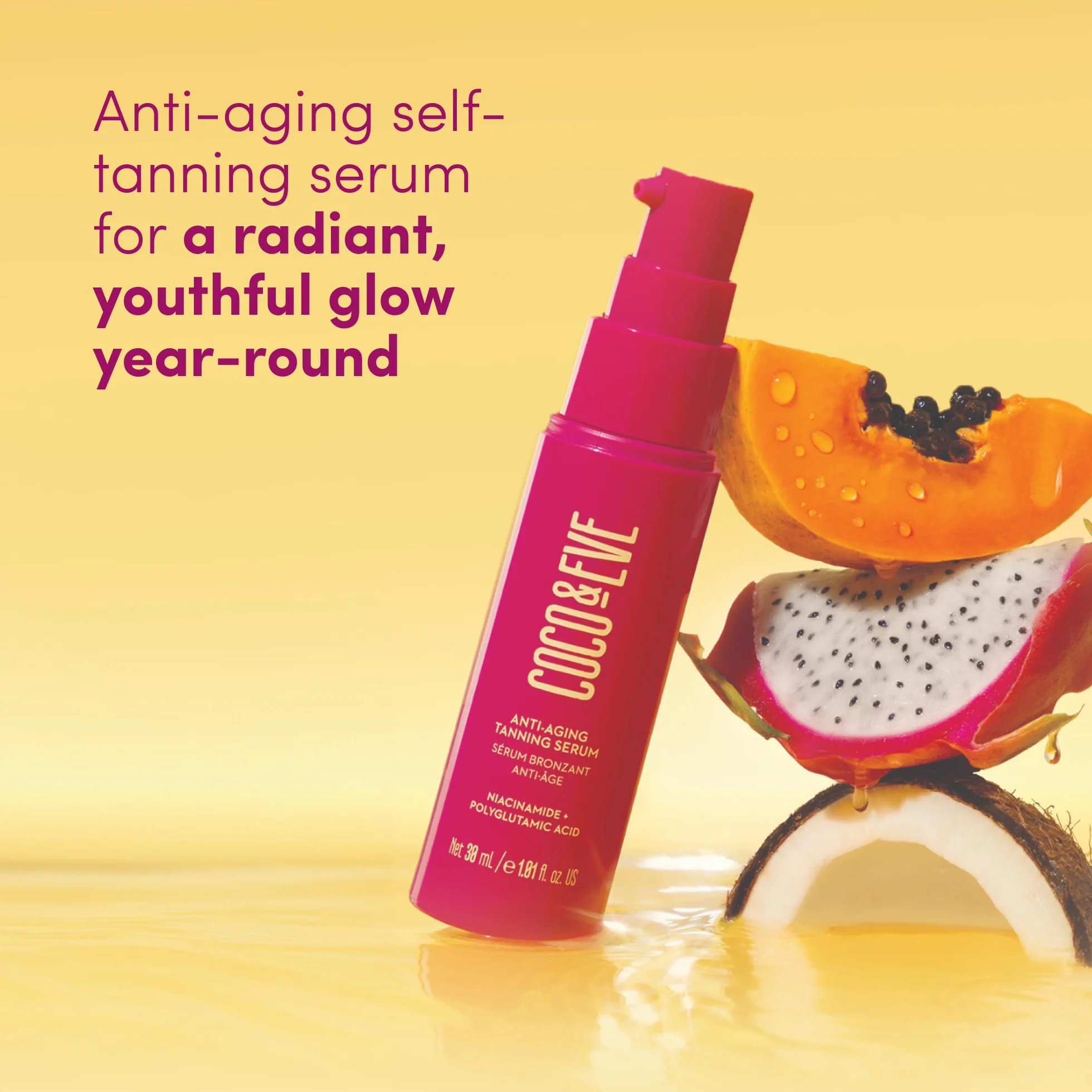 Sérum bronzant anti-âge Coco & Eve. Soin du visage actif pour un éclat hydratant progressif. Poudre autobronzante naturelle, avec niacinamide et antioxydants pour une peau éclatante de santé (30 ml)
