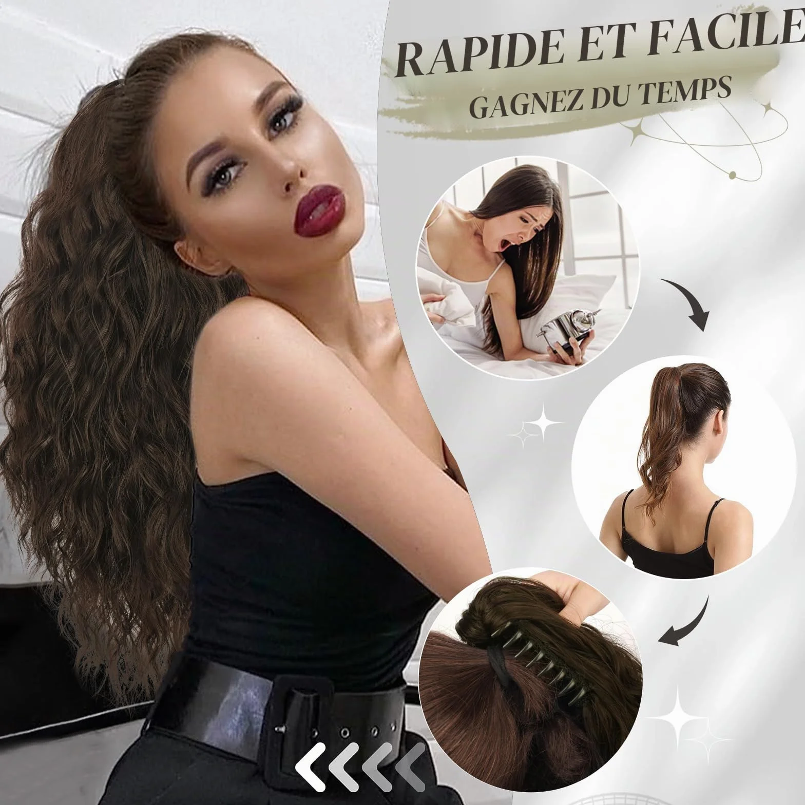 BARSDAR Extensions de cheveux synthétiques à clipser pour queue de cheval - 45,7 cm - Cheveux bouclés et ondulés - Pour tous les jours - Brun foncé