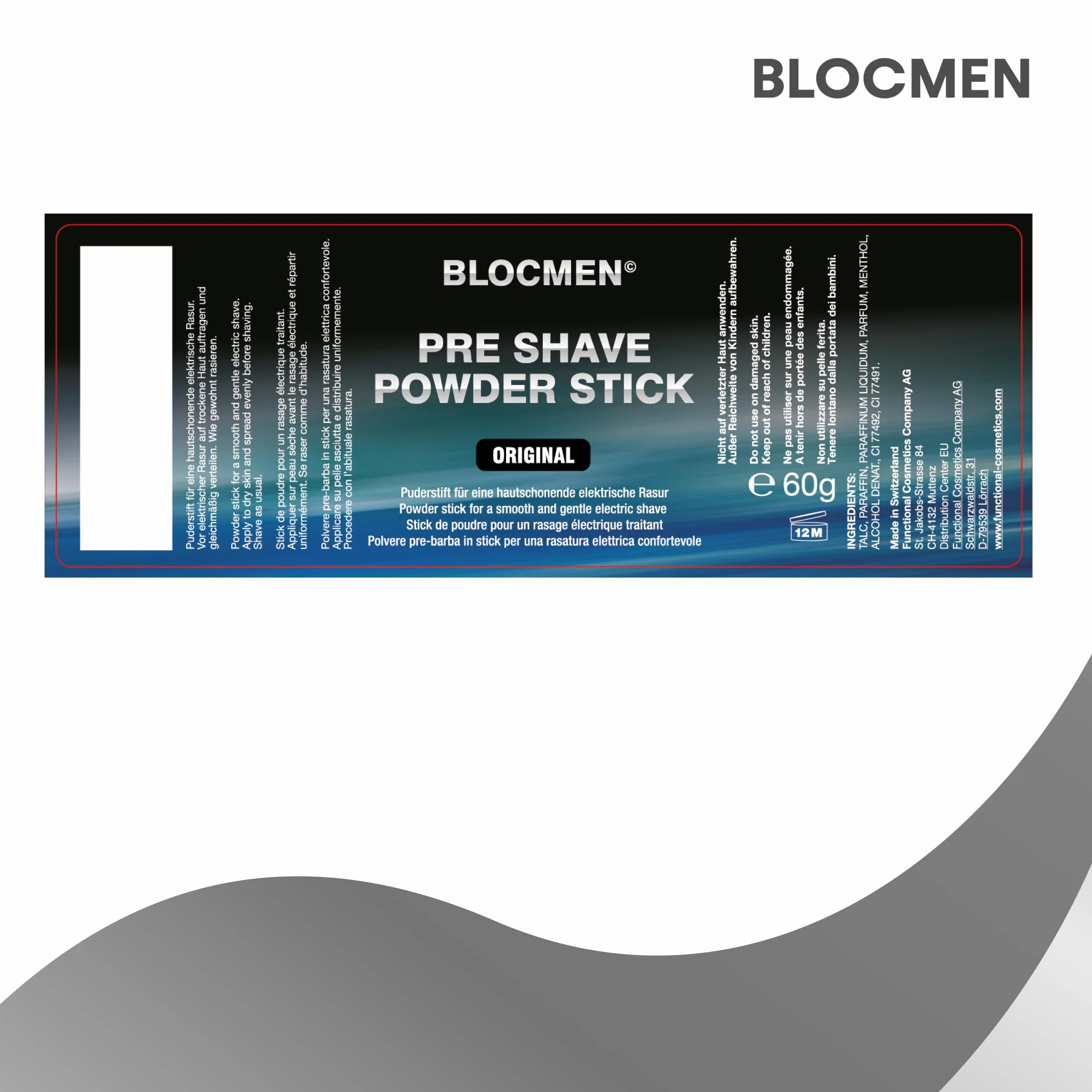 BLOCMEN Original Stick de poudre original 60g - rasage à sec doux sans irritations - stick avant-rasage avec menthol pour hommes (60 g (Lot de 6))