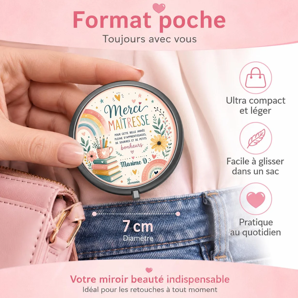 Miroir de Poche Personnalisé Merci Maîtresse – Cadeau Fin d'Année Scolaire – Miroir Compact Femme
