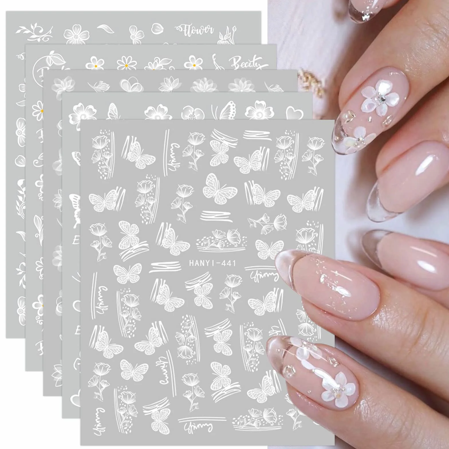 Stickers Ongles Fleur Blanc Printemps Été Nail Art Autocollants Autoadhésif Manucure 12 Feuilles