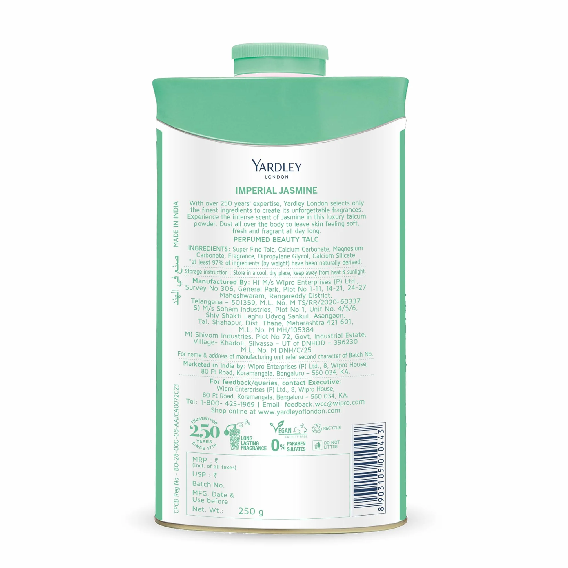 Yardley London Talc parfumé au jasmin 250 g désodorisant