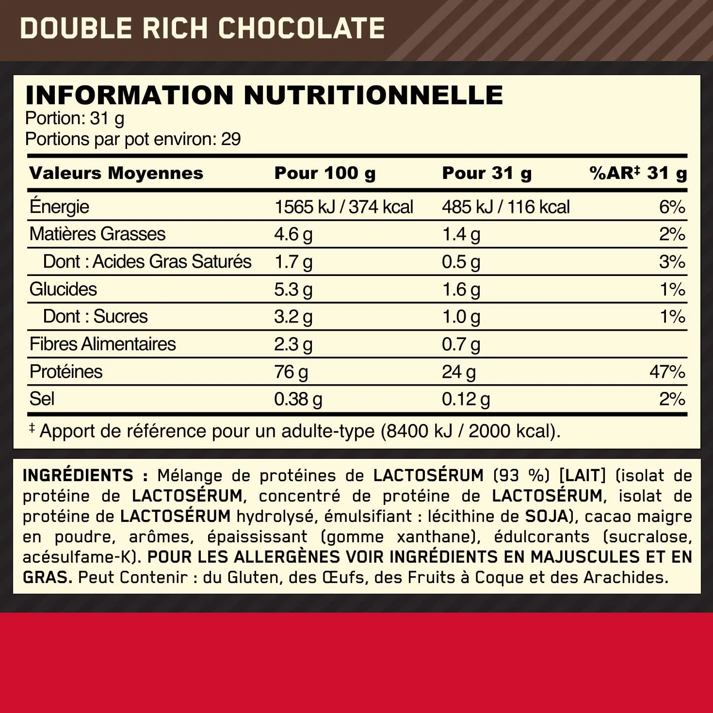 Optimum Nutrition Gold Standard 100% Whey Protéine en Poudre, Double Chocolat Riche, 899g
