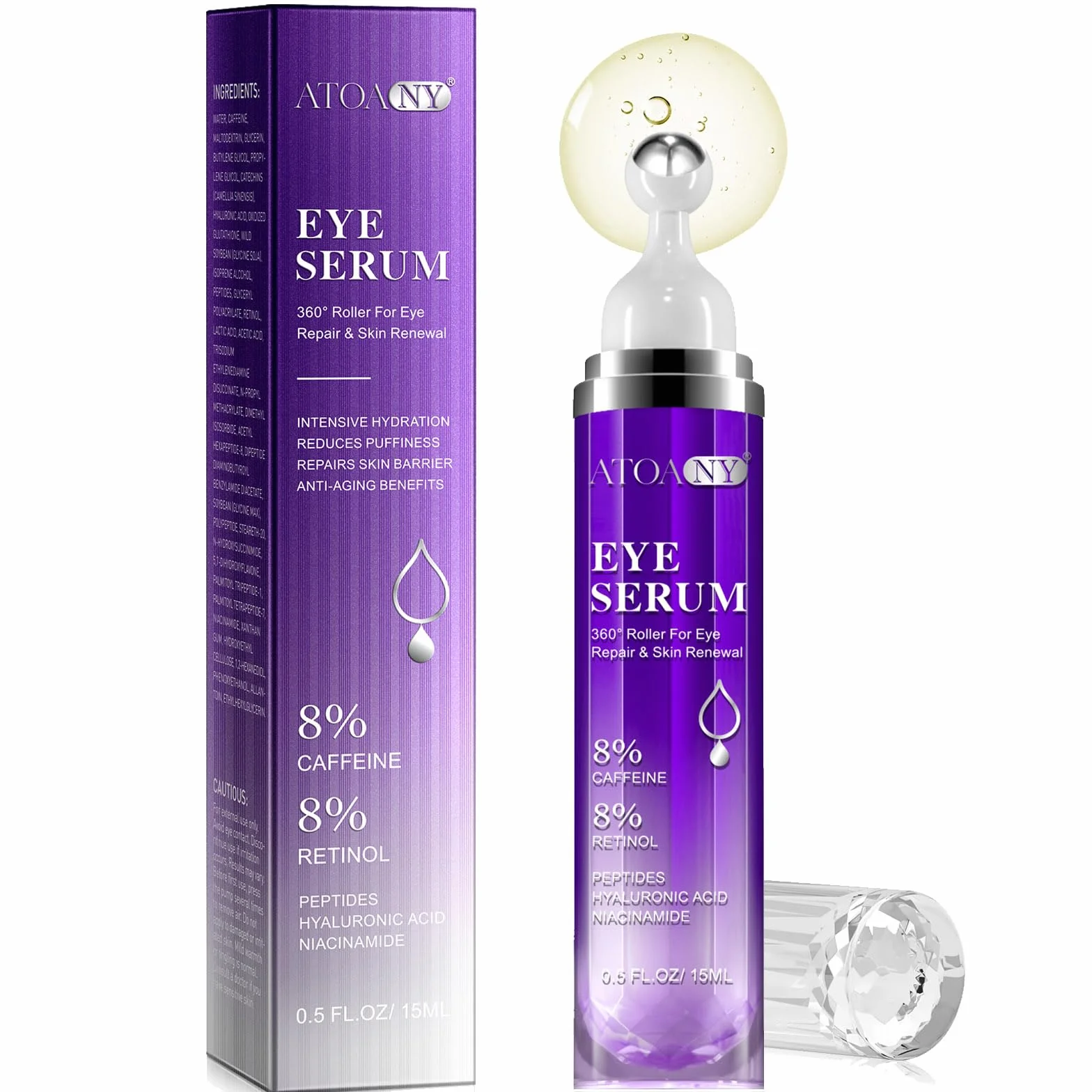 Sérum yeux cernes poches 8% caféine 8% rétinol crème anti-âge 360° Eye Roller Massage Ball 15ml