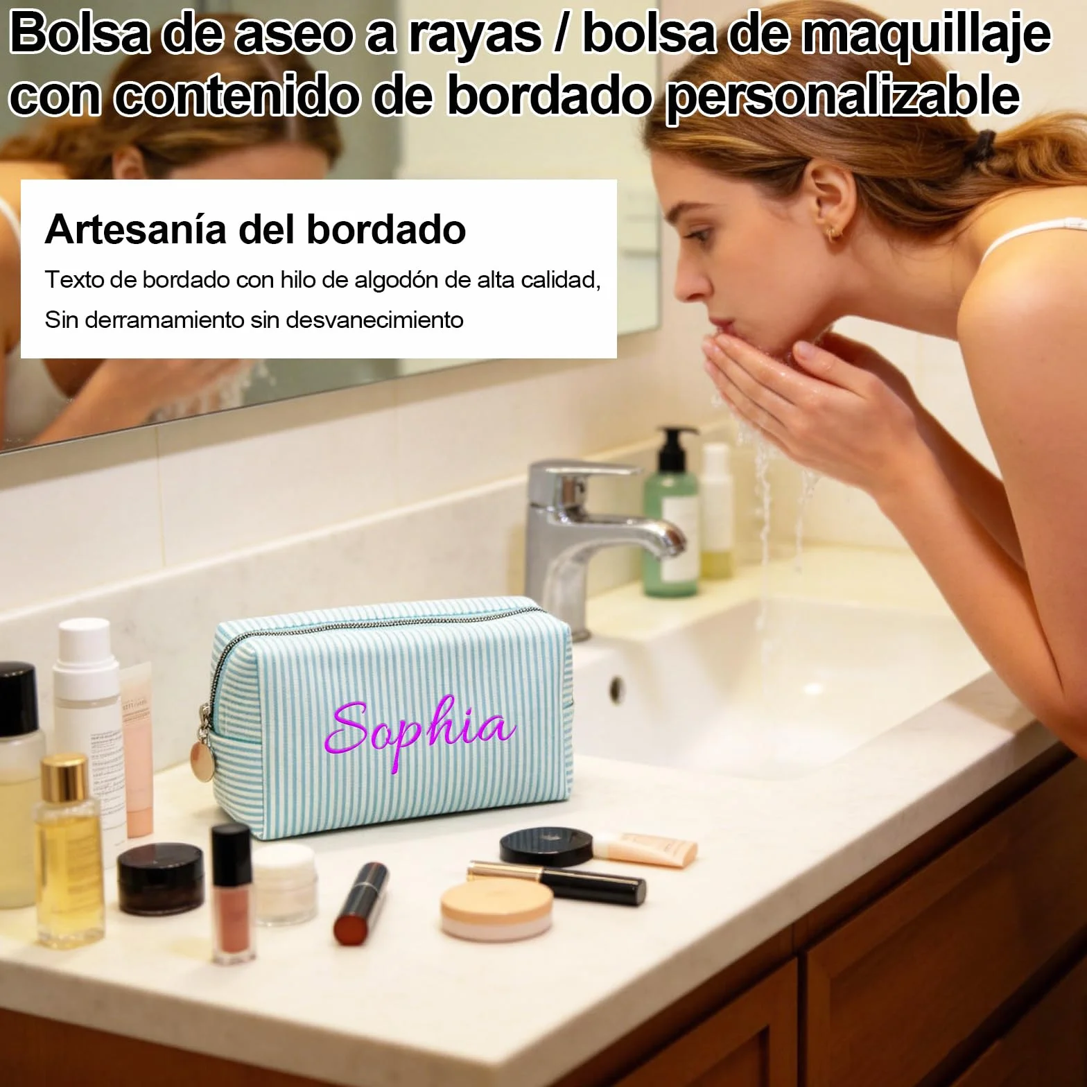 Trousse de Maquillage Personnalisée avec Nom, Sac Cosmétique en Tissu à Rayures, Grande Capacité, Multicolore, Cadeau pour Femme (Rouge)