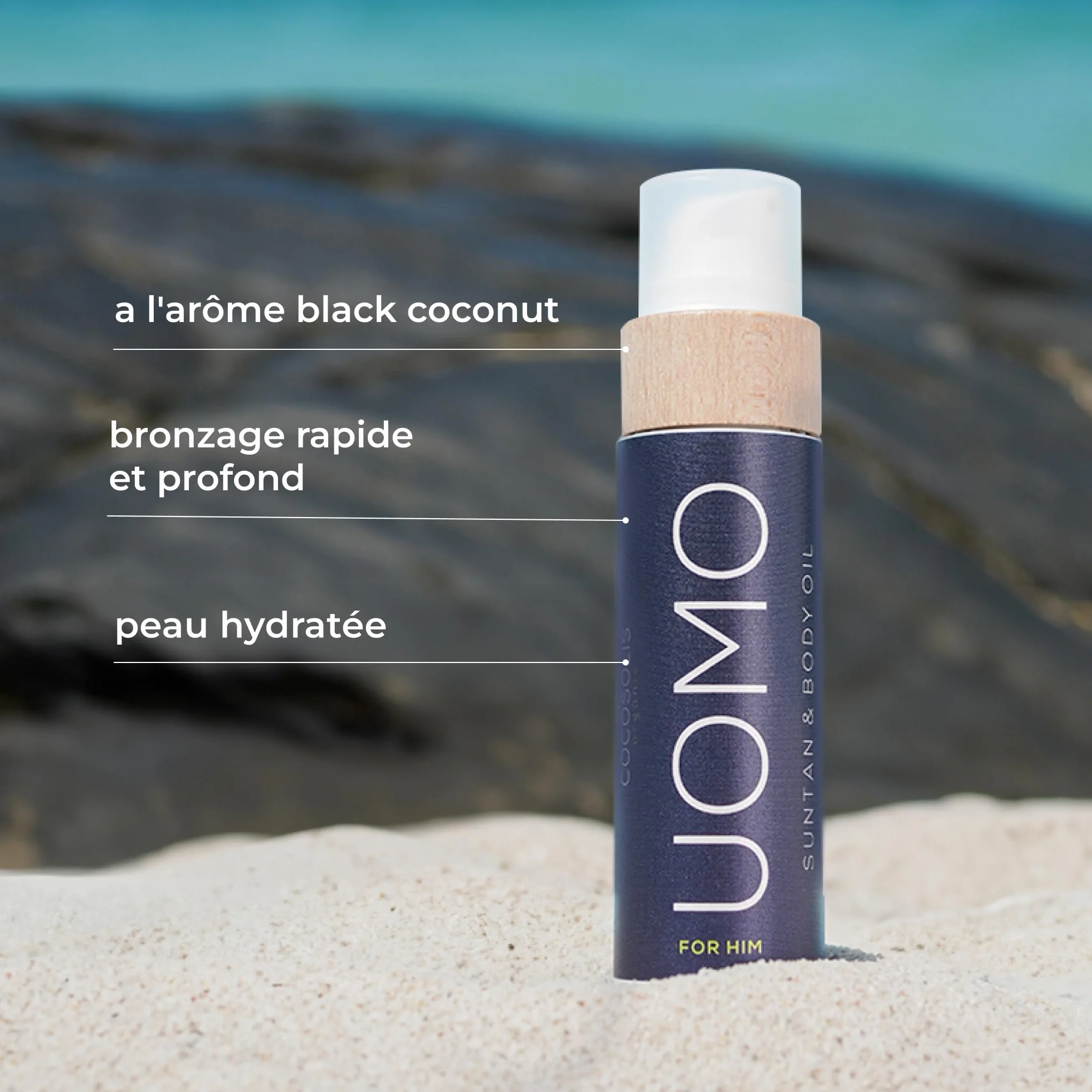 COCOSOLIS UOMO Accélérateur de bronzage pour homme - Huile de bronzage bio avec vitamine E et parfum de BLACK COCONUT un bronzage intensif rapide - Sublimateur de bronzage (110)