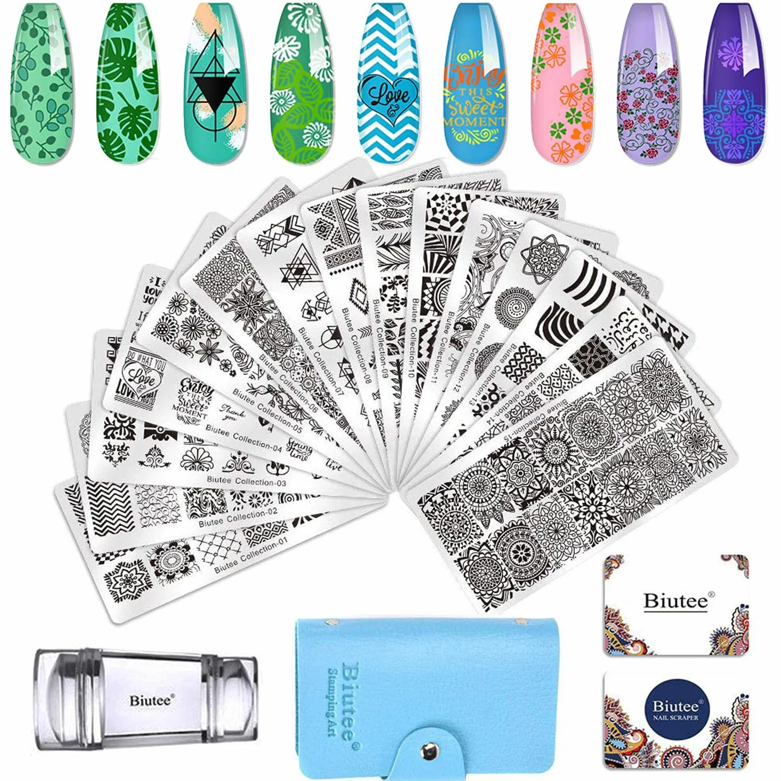 Biutee Set de Stamping Nail Art Kit d'estampage d'ongles 15 pièces modèles d'art d'ongle avec motifs d'animaux, de feuilles et de fleurs 1 Tampon 2 Grattoir 1 Paquet de Cartes