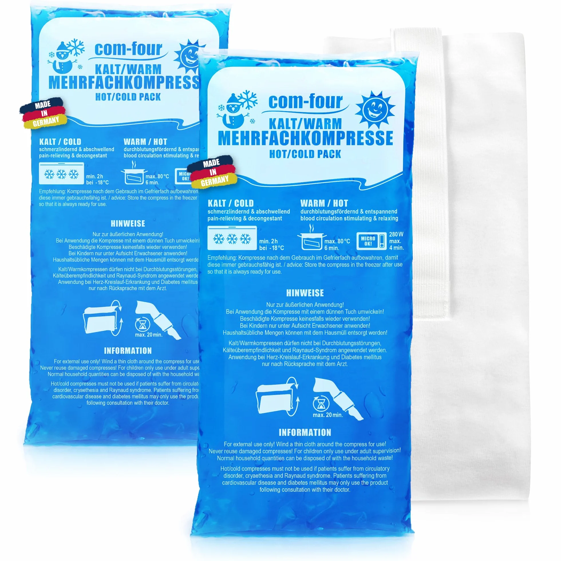 COM-Four® 2X Grandes compresses Multiples avec Housse Polaire réutilisable, Gel Cool Pack, 29 x 12 cm
