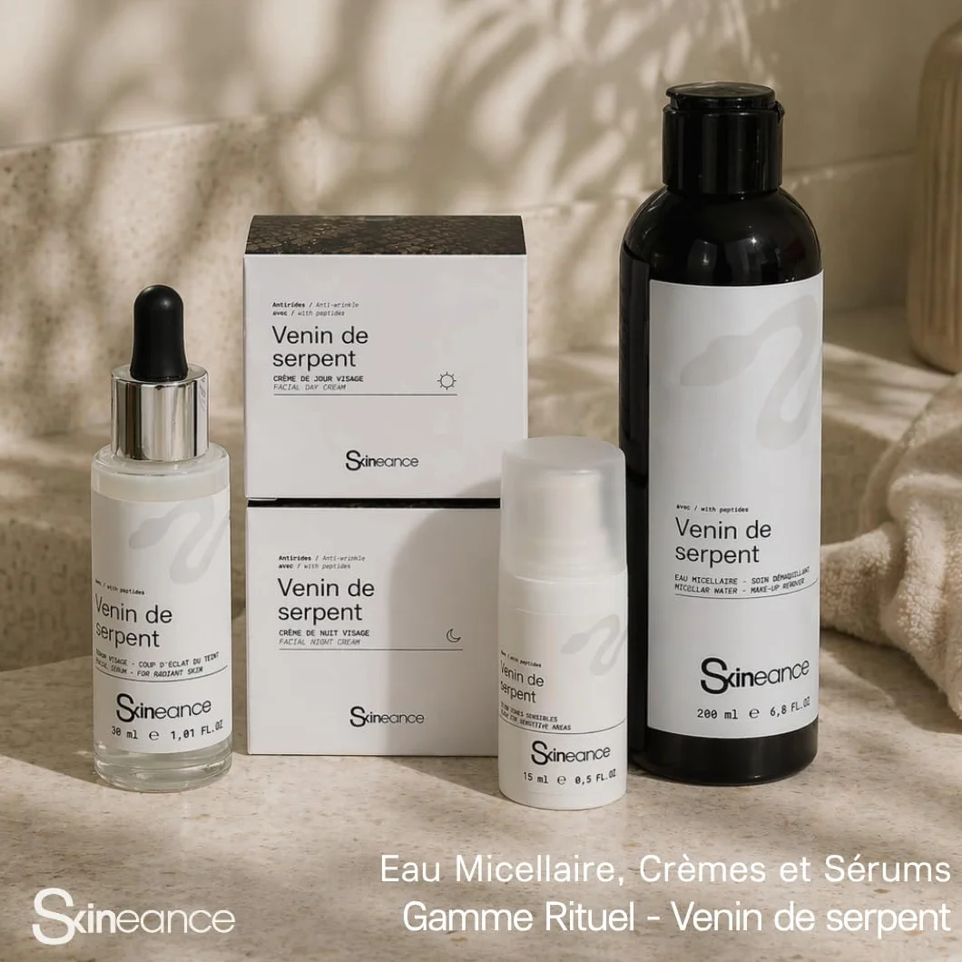 Skineance - Gamme Rituel Venin de Serpent | 5 Produits Soin Visage Anti-âge | Crème Jour 50 ml + Crème Nuit 50 ml + Eau Micellaire 200 ml + Sérum 30 ml + Sérum Zones Sensibles 15 ml | Coffret beauté