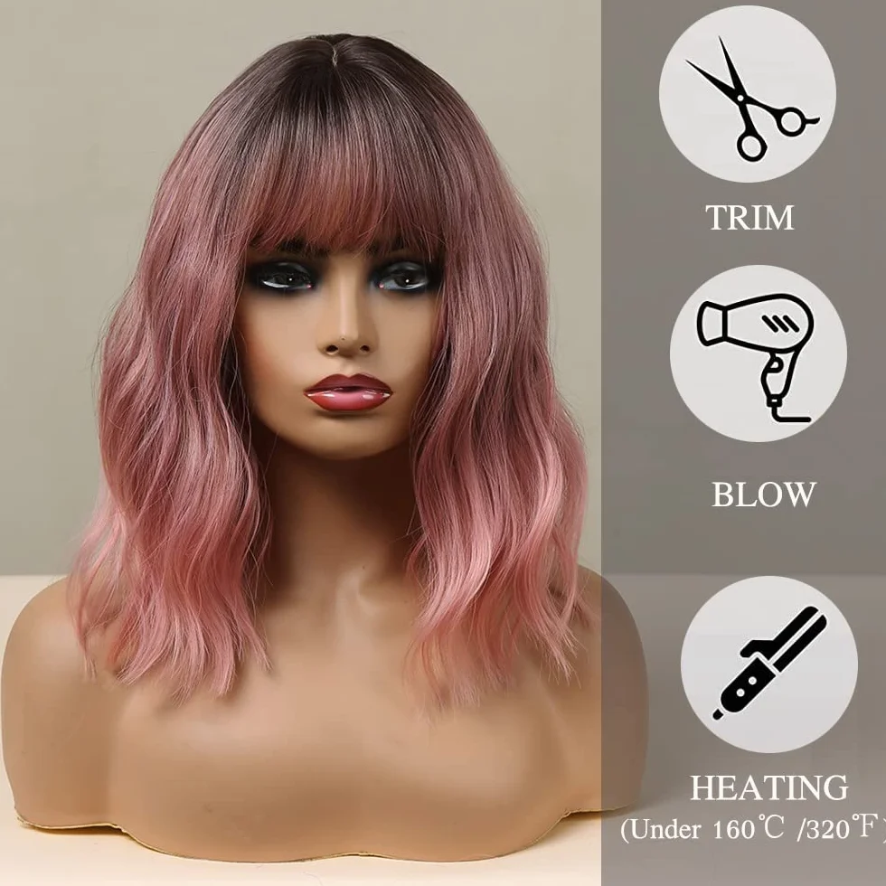 Esmee 14 Pouces Court Ndulée Ombre Rose Bob Perruque avec Franges Naturelle Synthétique Heat Resistant Perruques pour les Femmes avec des Racines Sombres pour la fête Quotidienne Cosplay Portez