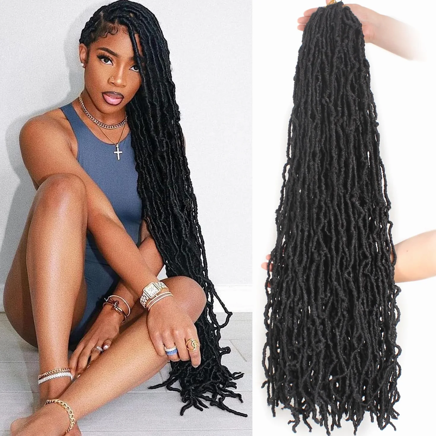 Xtrend 7 Packs 30 Pouces Nu Faux Locs Crochet Cheveux Longs Brun Foncé Pré-bouclé Déesse Faux Locs Tresses Extensions de Cheveux 1B