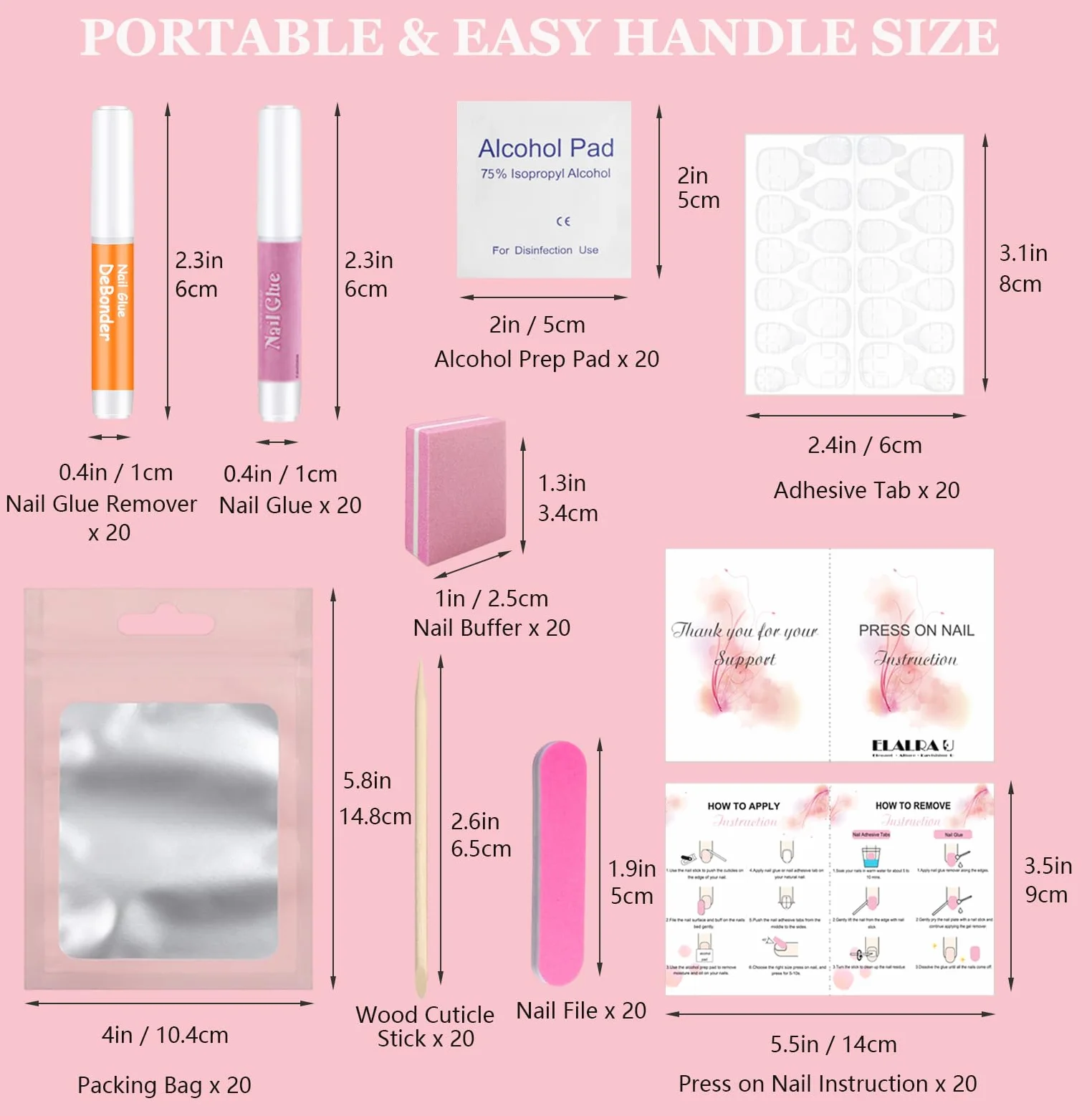 20Pcs/Set Faux Ongle Colle, ELALRAU Kit d'outils pour ongles pressés, Kit de préparation des ongles avec Autocollant D'Ongle de Colle, Dissolvant de colle à ongles pour emballage à pression