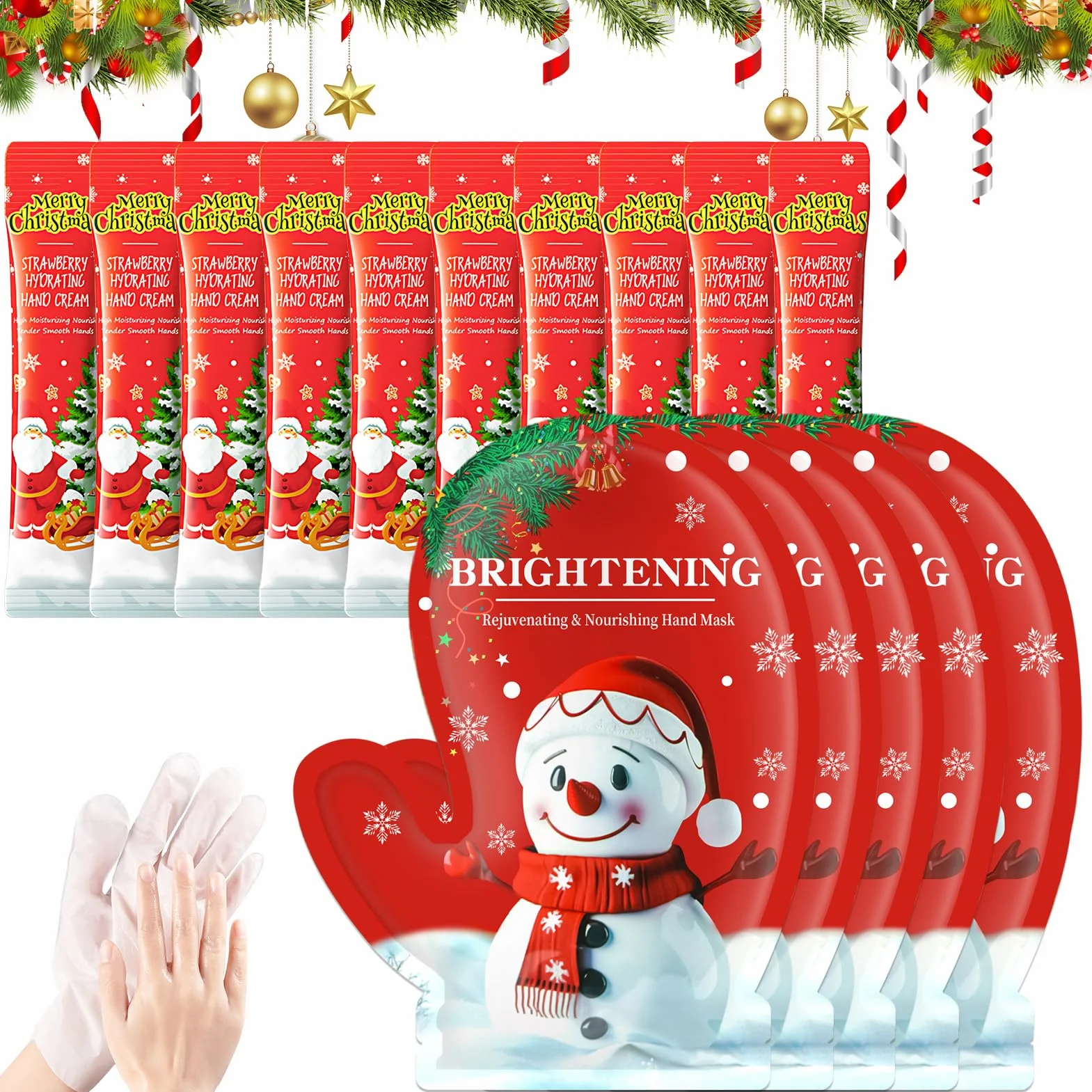 Masque Main Noël 5 Paires + 10 Mini Crème Main Hydratant Cadeaux de Noël