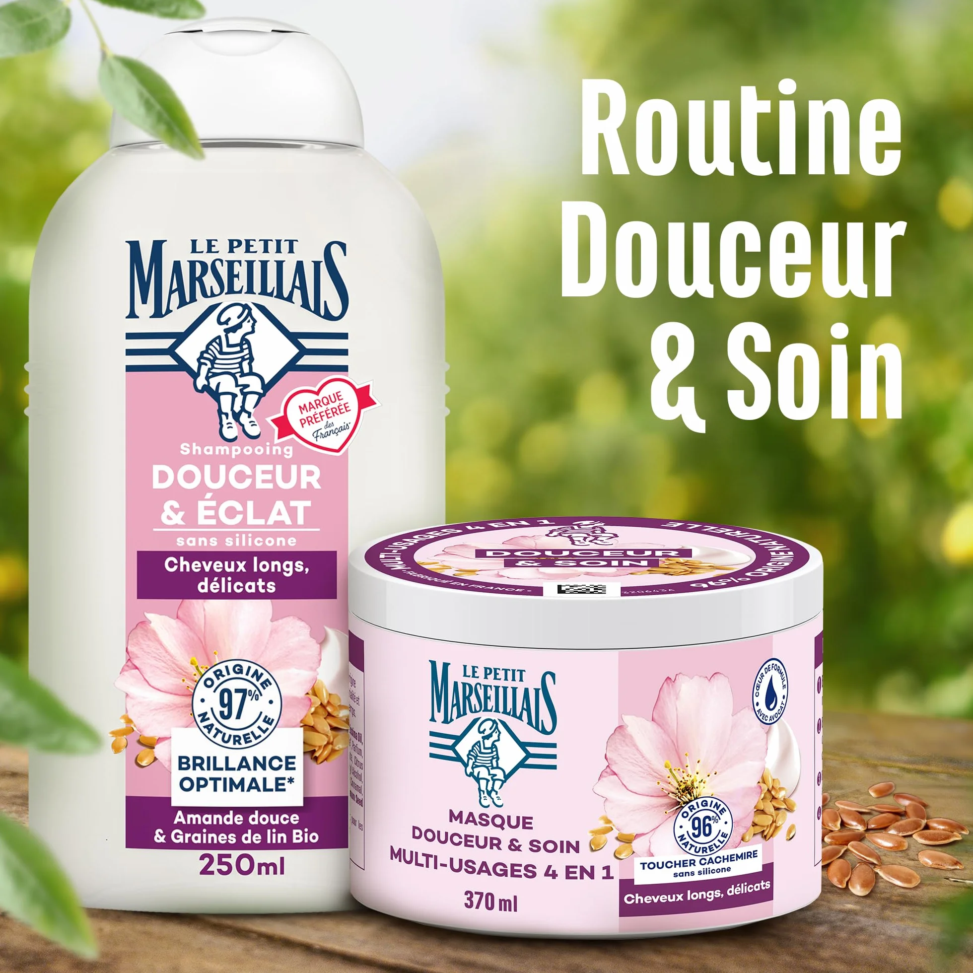Le Petit Marseillais Masque Douceur et Soin Multi-Usage 4 en 1 Lait d'Amande et Lin Bio 370 Ml Masque Cheveux sans Silicone