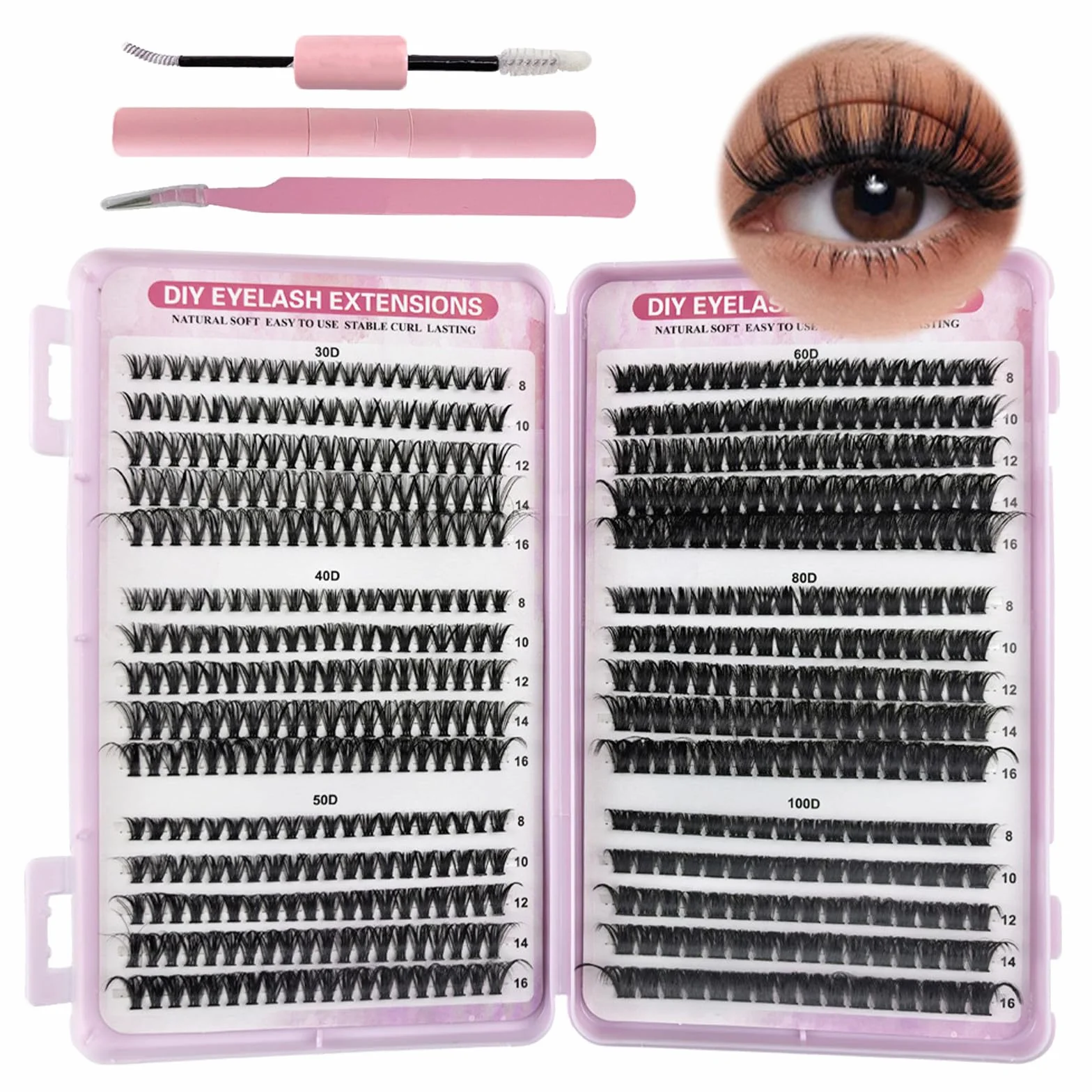 VEGCOO 570 Pièces Faux Cils Individuel Professionnel D Curl, Cluster Lashes 8-16mm Mix Kit