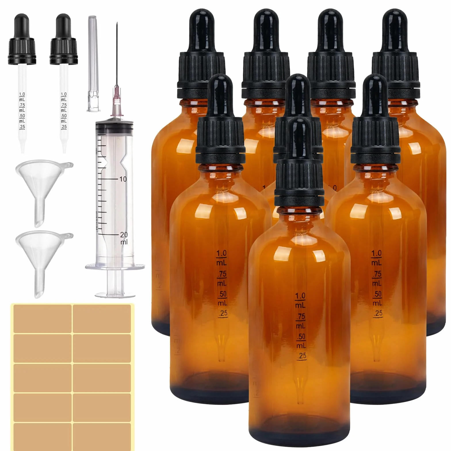 Lot de 8 flacons compte-gouttes en verre marron de 100 ml pour huile essentielle, parfum, liquide avec petites bouteilles en verre, entonnoir, seringue et étiquette
