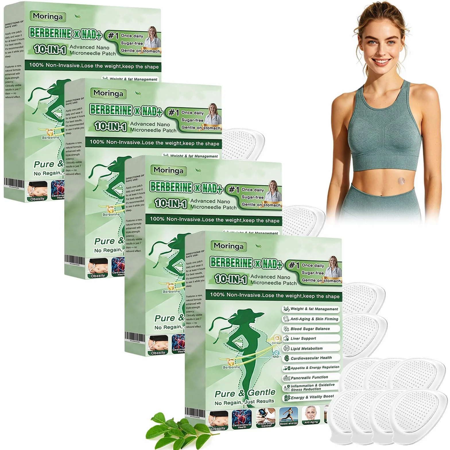 Lots de of 7 Patchs Berberine x NAD 10 EN 1 avec Moringa, Patch Nano Microneedle, Ingrédients Naturels, Doux et Efficace, Raffermissant la Peau, Facile à Appliquer, pour Hommes et Femmes (4 Boîtes)