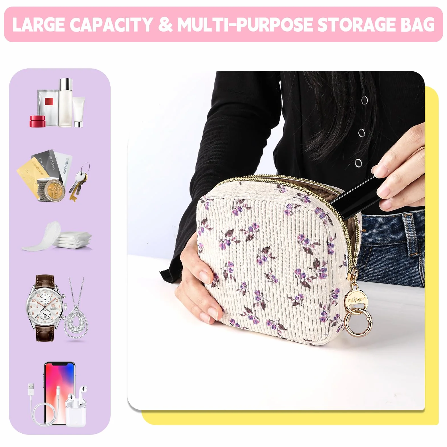 Velours Côtelé Petite Trousse Maquillage Femme Voyage Pochette Multifonctionnelle Sac Rangement Cosmétique Jaune