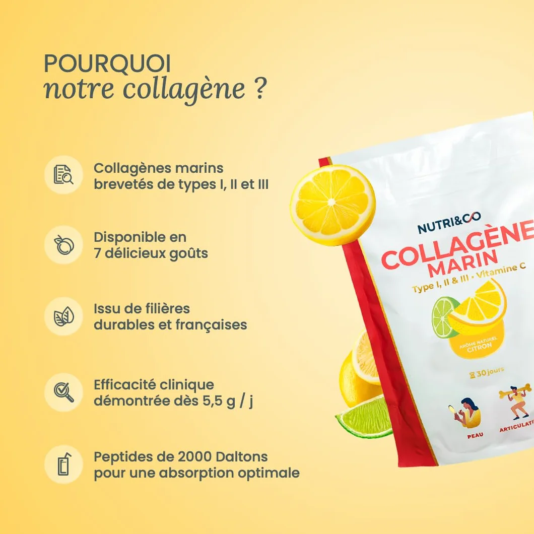 NUTRI & CO Collagene Marin Poudre Types 1, 2, 3 + Vitamine C, Naticol® & Cartydiss®, Peptides Hydrolysés 2000 DA, 180g, Citron