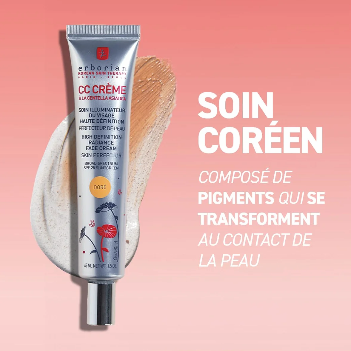 Erborian - CC Crème à la Centella Asiatica - Maquillage et Soin Illuminateur de Teint Haute Définition pour Visage - Protection Solaire SPF 25 - Soin Cosmétique Coréen - Doré 15 ml