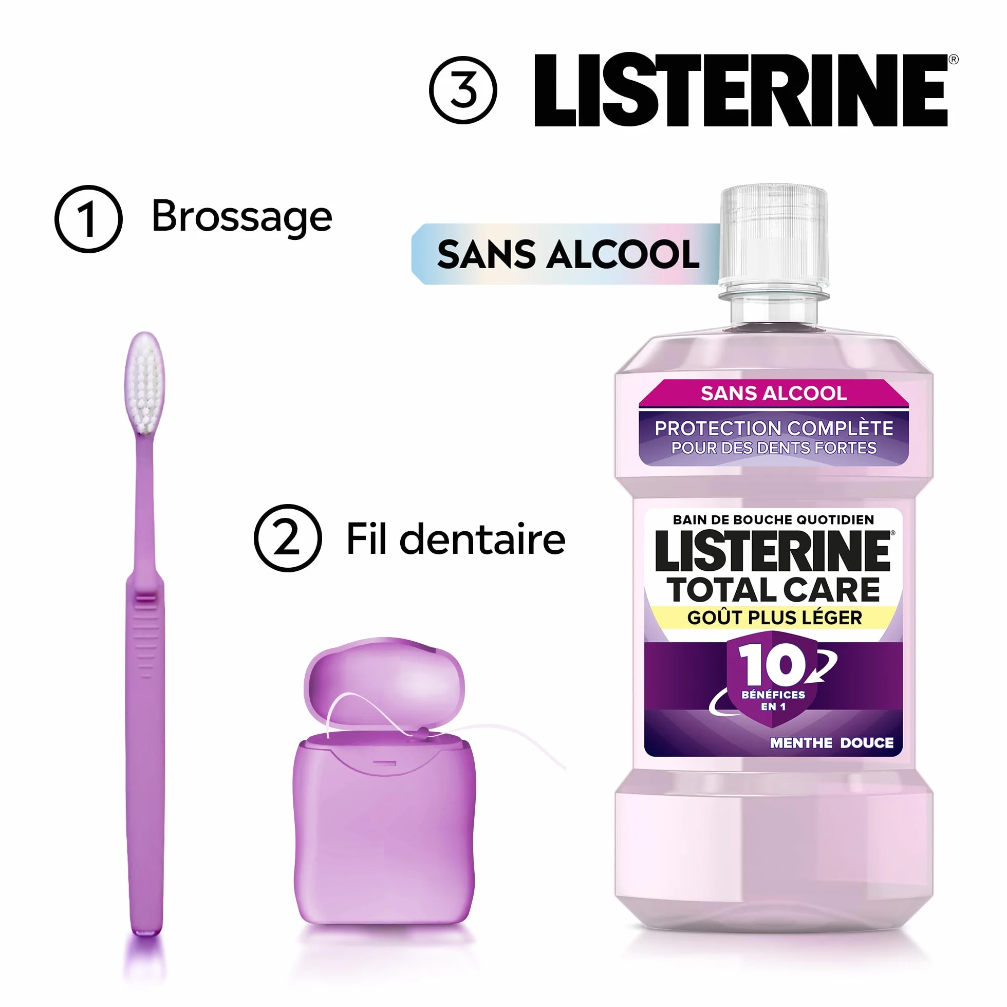 Listerine Bain de Bouche Total Care Goût Plus Léger 0% alcool 500 ml Soin bucco-dentaire 10 bénéfices en 1 Haleine fraîche durable