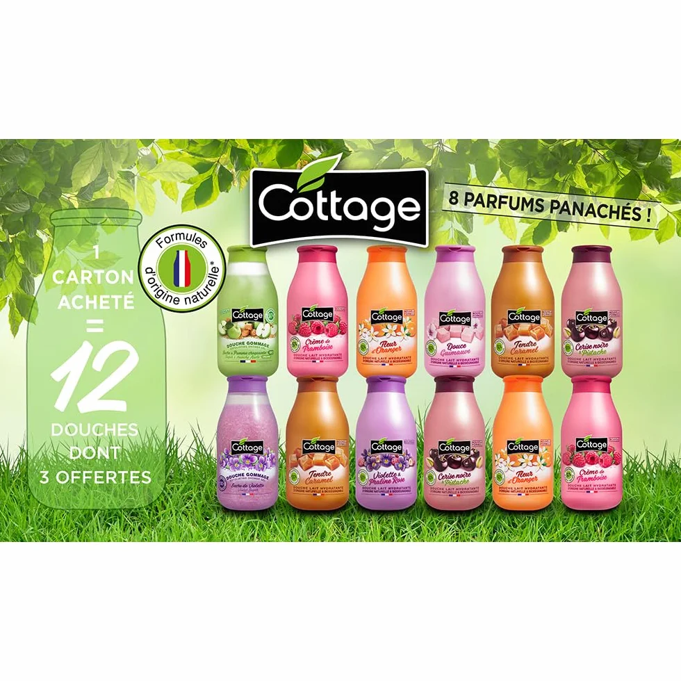 Cottage - offre spéciale lot de 12 gels douches -10 Douches Lait Hydratantes 250 ml + 2 douches Gommage 270 ml - Fabriqué en France