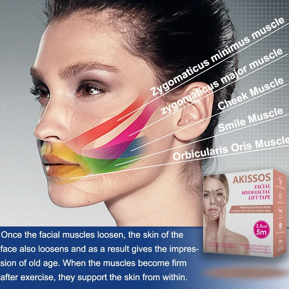 Akissos Face Tape Bande de Kinesiologie Visage Lift Anti Wrinkle Patches Neck Tape 2.5cm*5m
