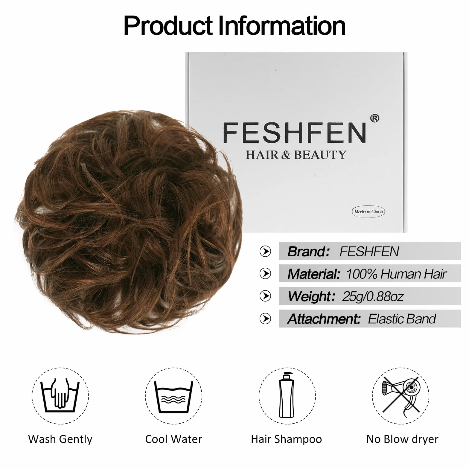 FESHFEN Postiche Chignon Naturel - 100% Humains Cheveux Ondulés Chouchou Postiches Extension Elastique pour Femme, Blond mélangé Chatain Clair