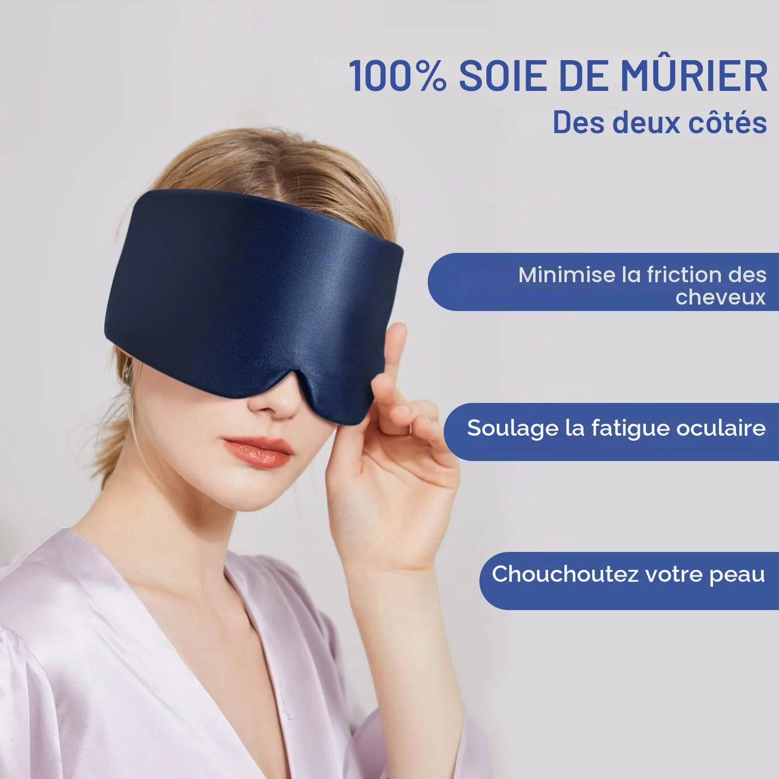 Masque de sommeil 100% soie de mûrier OLESILK avec bandeau réglable Bleu Marine