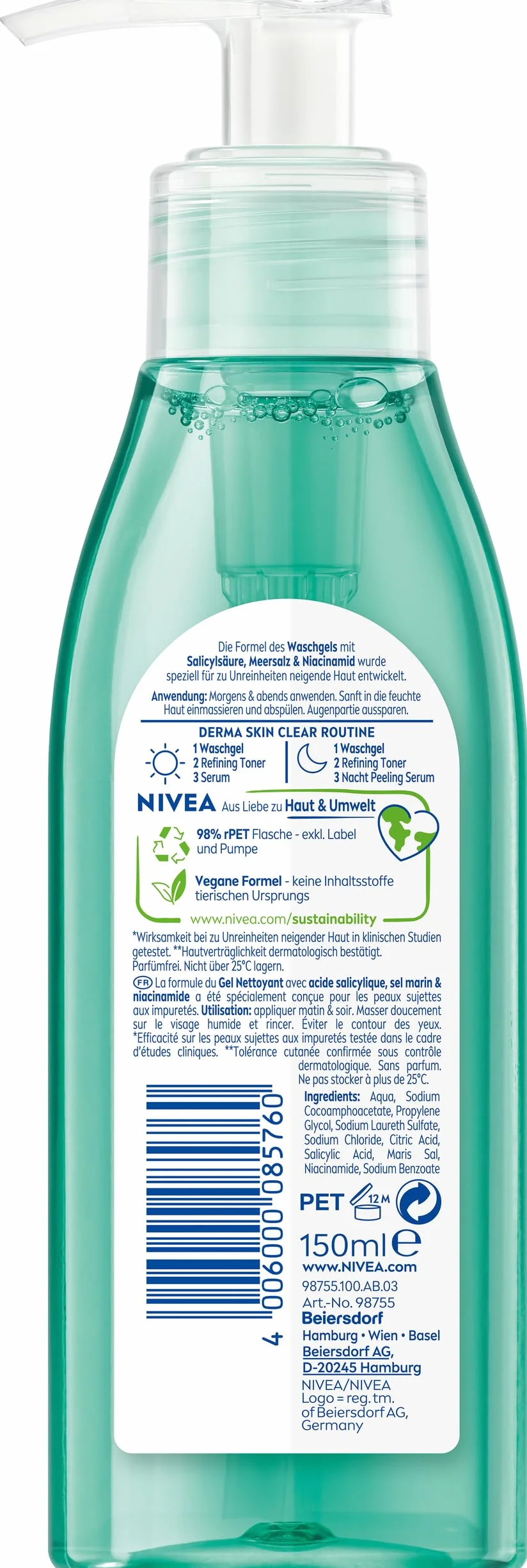 NIVEA Derma Skin Clear Gel lavant nettoyant visage peaux impures acide salicylique niacinamide 150 ml