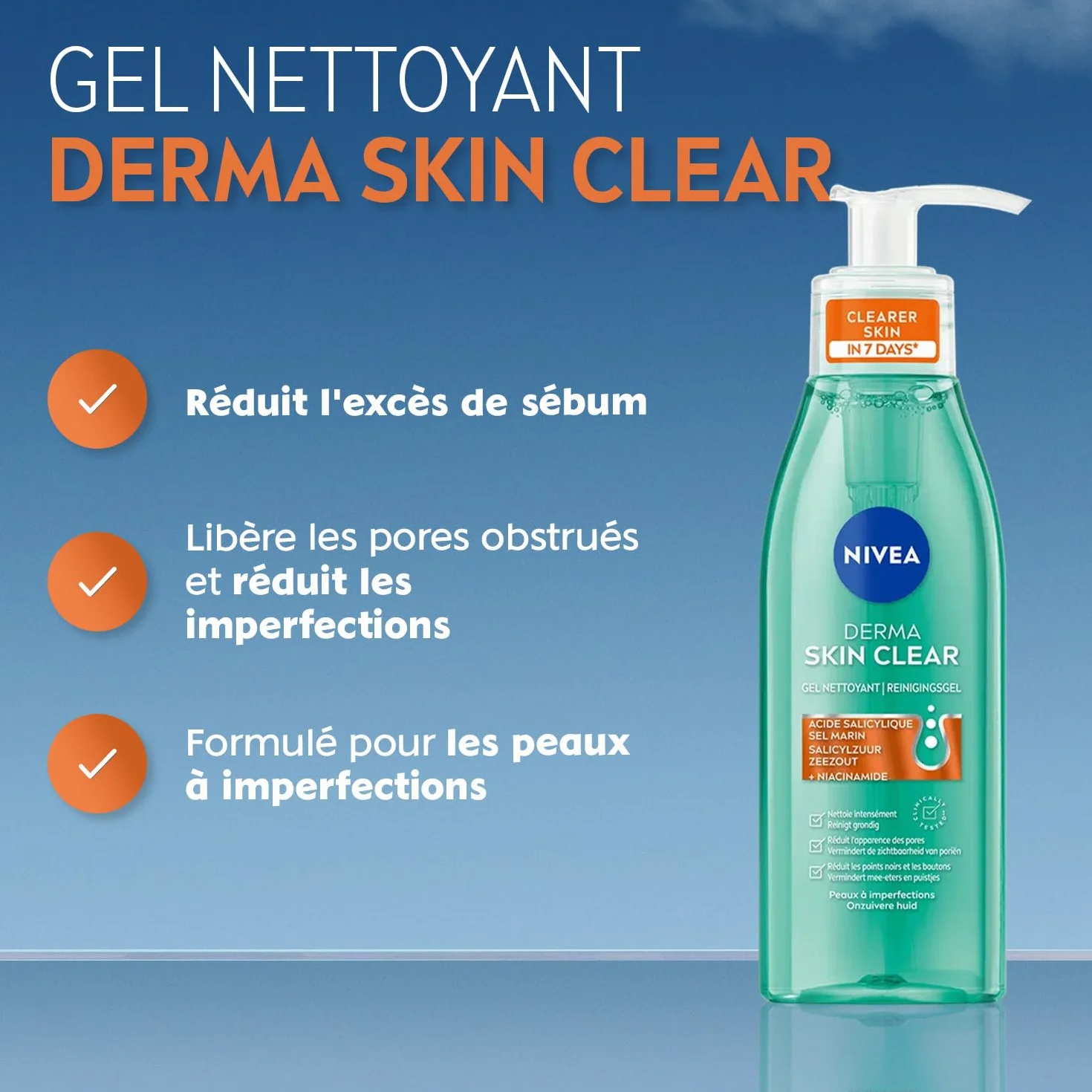 NIVEA Gel Nettoyant Visage Derma Skin Clear Acide Salicylique Sel Marin Niacinamide Peaux À Imperfections 150 ml