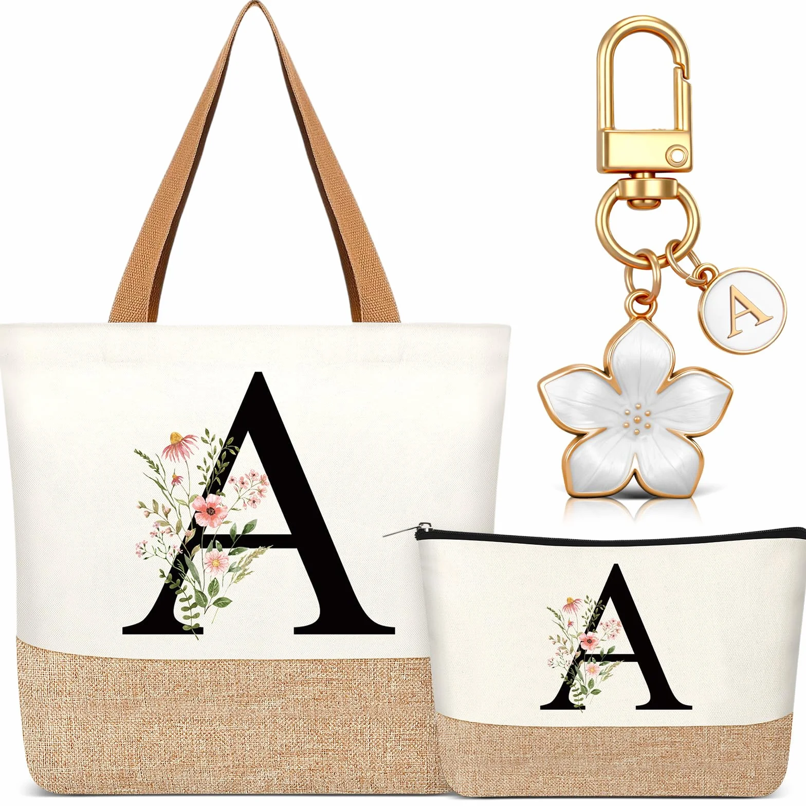 Hestya Set de 3 Cadeaux pour Femme Sac Fourre-Tout Personnalisé Initiale Trousse Maquillage Porte-Clés Lettre (Beige)
