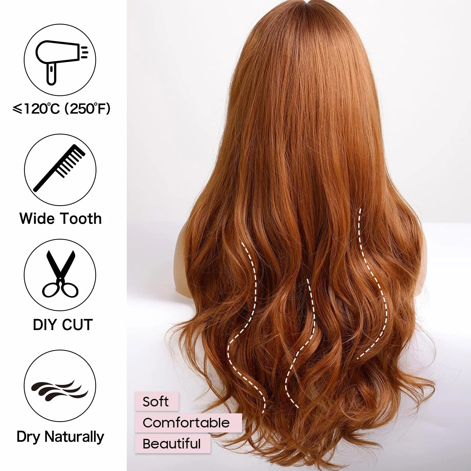 EMMOR Perruques Ombré Auburn pour Femmes Perruque Longue et Bouclée avec Frange en Fibres Synthétiques Résistantes à la Chaleur Perruques Quotidiennes d'Aspect Naturel