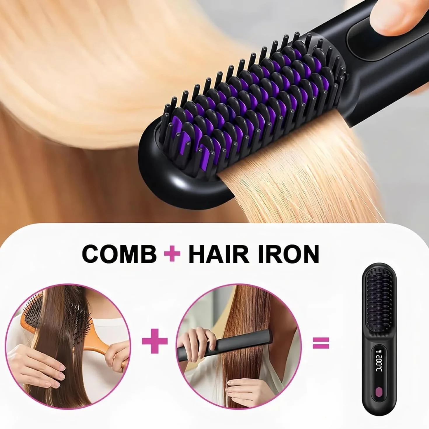 Sans Fil Brosse Lissante Cheveux Court Peigne Chauffant Portable Mini Lisseur Voyage 3 Températures