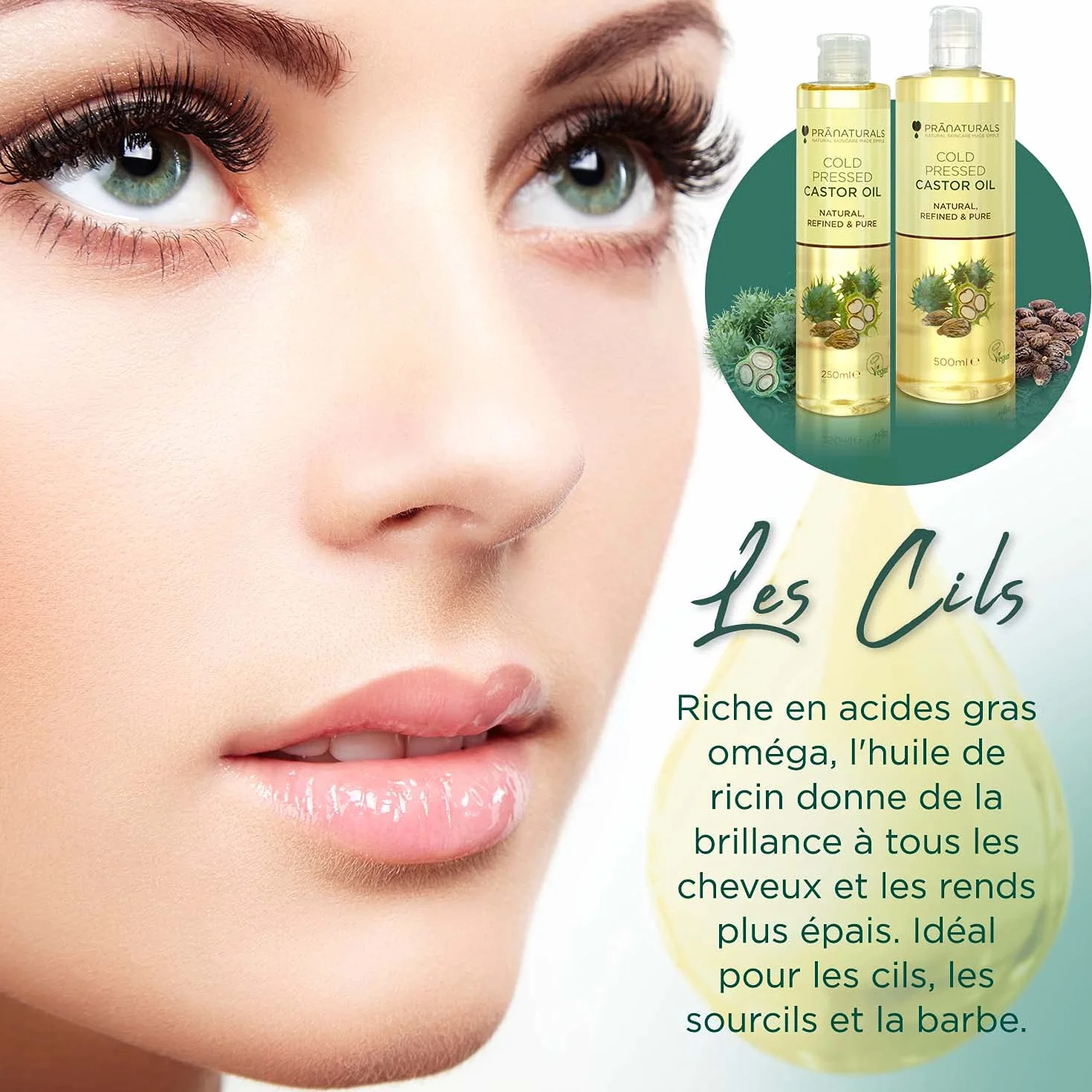 PraNaturals Huile de ricin pressée à froid 500 ml 100% naturel végétalien pure pour la croissance des cheveux et les cils