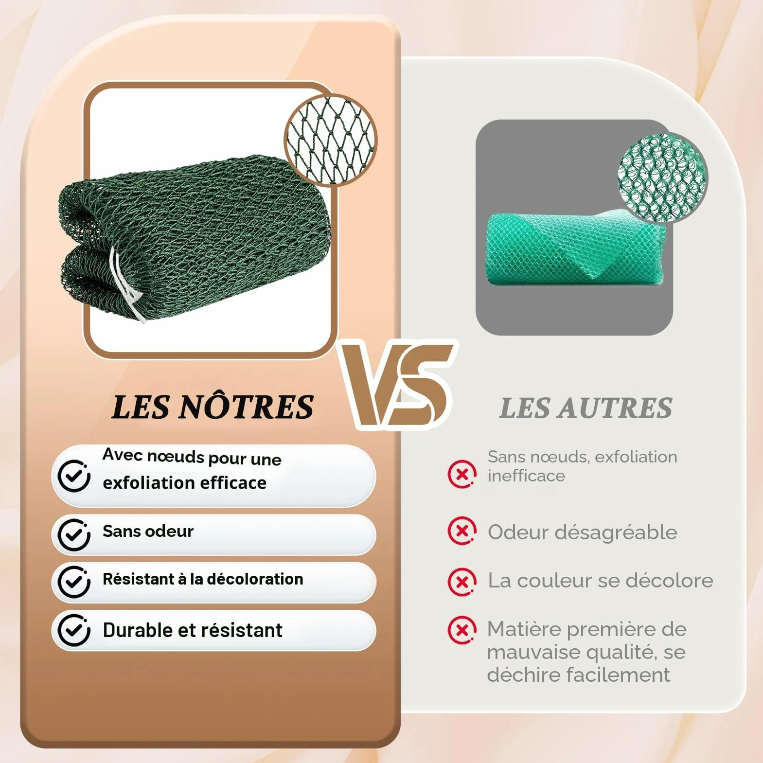 CORATED Filet à Bain Africain 2 Pièces, Eponge Exfoliante Corps, Gant Exfoliant Dos – Nettoyage Douche SPA (Lin et Marron)