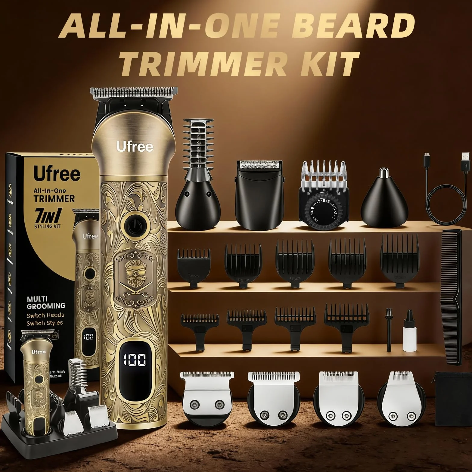 Ufree Tondeuse à barbe électrique sans fil, kit de toilettage réglable pour moustache