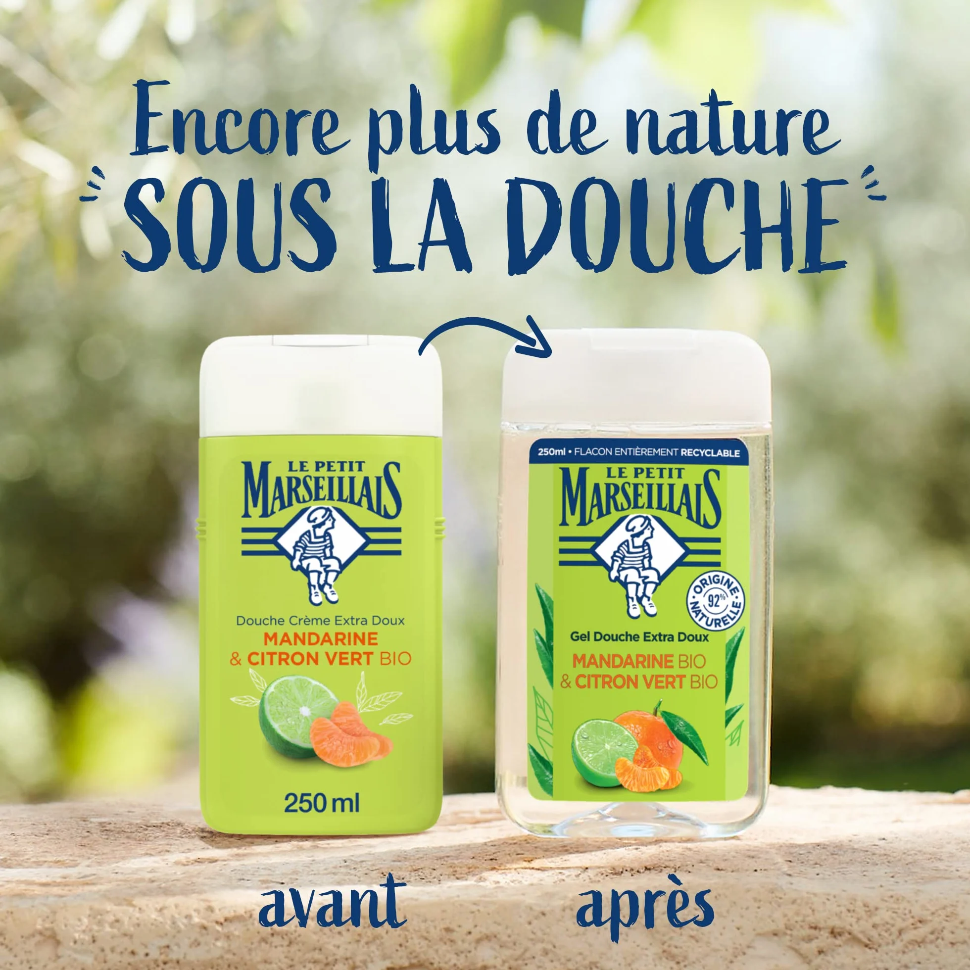 Le Petit Marseillais Gel Douche Extra Doux Mandarine Bio Citron Vert Bio 250ml 92% Ingrédients Naturels Flacon Recyclable