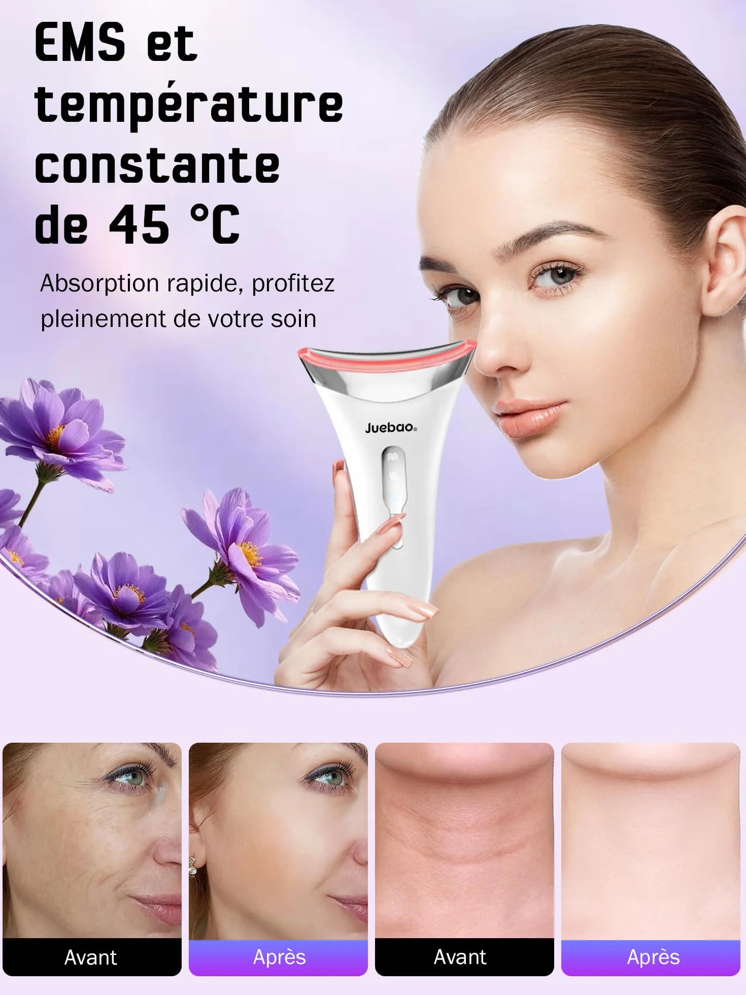 Appareil Anti Rides Visage Massage: Masseur Facial Électrique pour Lifting Visage et Double Menton 3 Modes LED - Chauffage à 45℃ EMS pour Raffermissement du Visage et du Cou - Anti-Âge pour Femmes