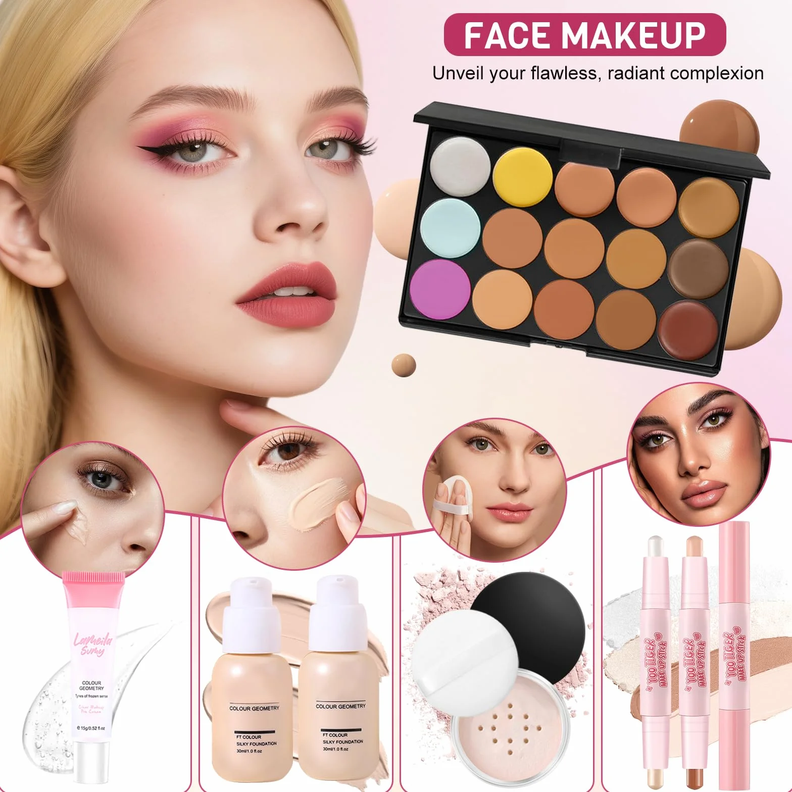 Coffret Maquillage Femme, Kit Maquillage Professionnel Complet, Kit de Cadeau Tout-en-un avec Ombres à Paupières Fond de Teint Correcteurs Eyeliner Mascara Gloss à Lèvres Rouge Lèvres Crayon Sourcil