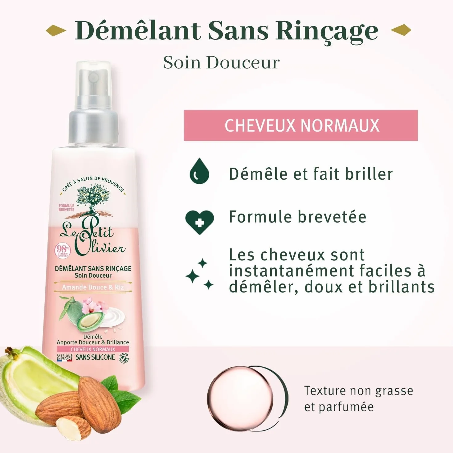 LE PETIT OLIVIER Spray Démêlant Soin Douceur Amande Douce & Crème de Riz 150 ml Sans Silicone