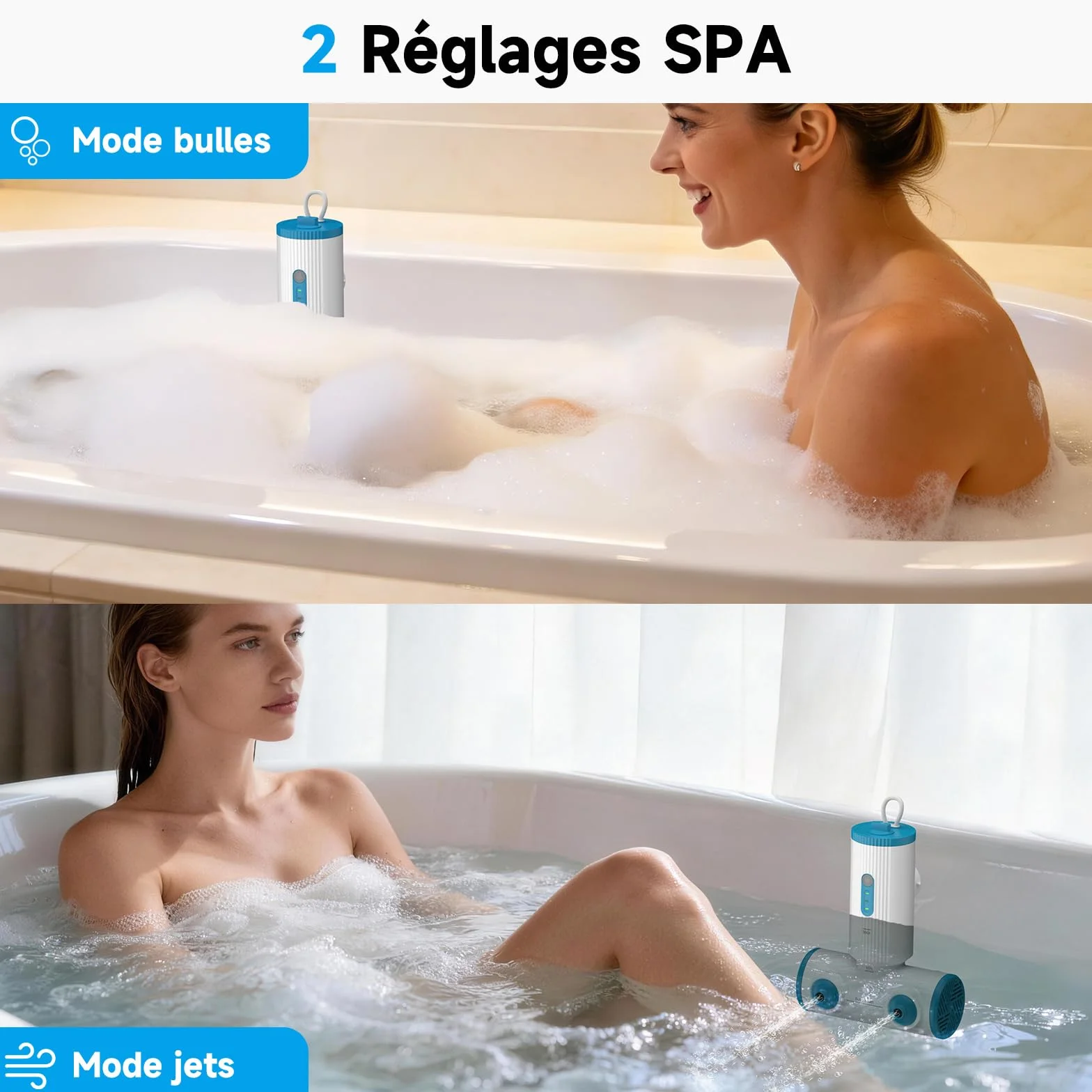 Jets pour baignoires balnéo portable double jets, débit d'eau 3 niveaux, batterie sans fil 5000 mAh