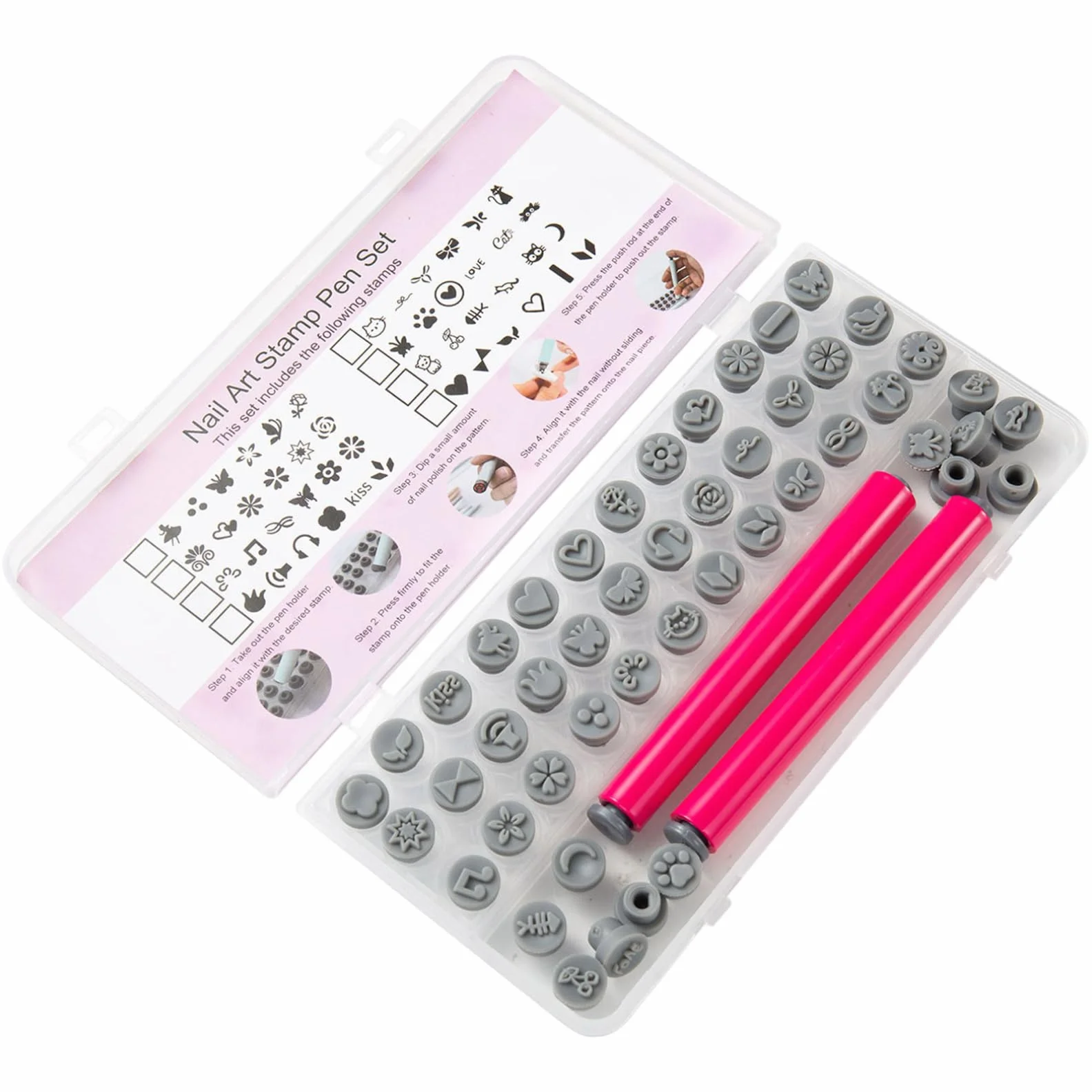 48 pièces stylos de tampon d'art d'ongle différents modèles tampons 'art 'ongle avec pointe de stylo en silicone fleur papillon rose kit 'estampage bricolage pour femmes, décoration jardin