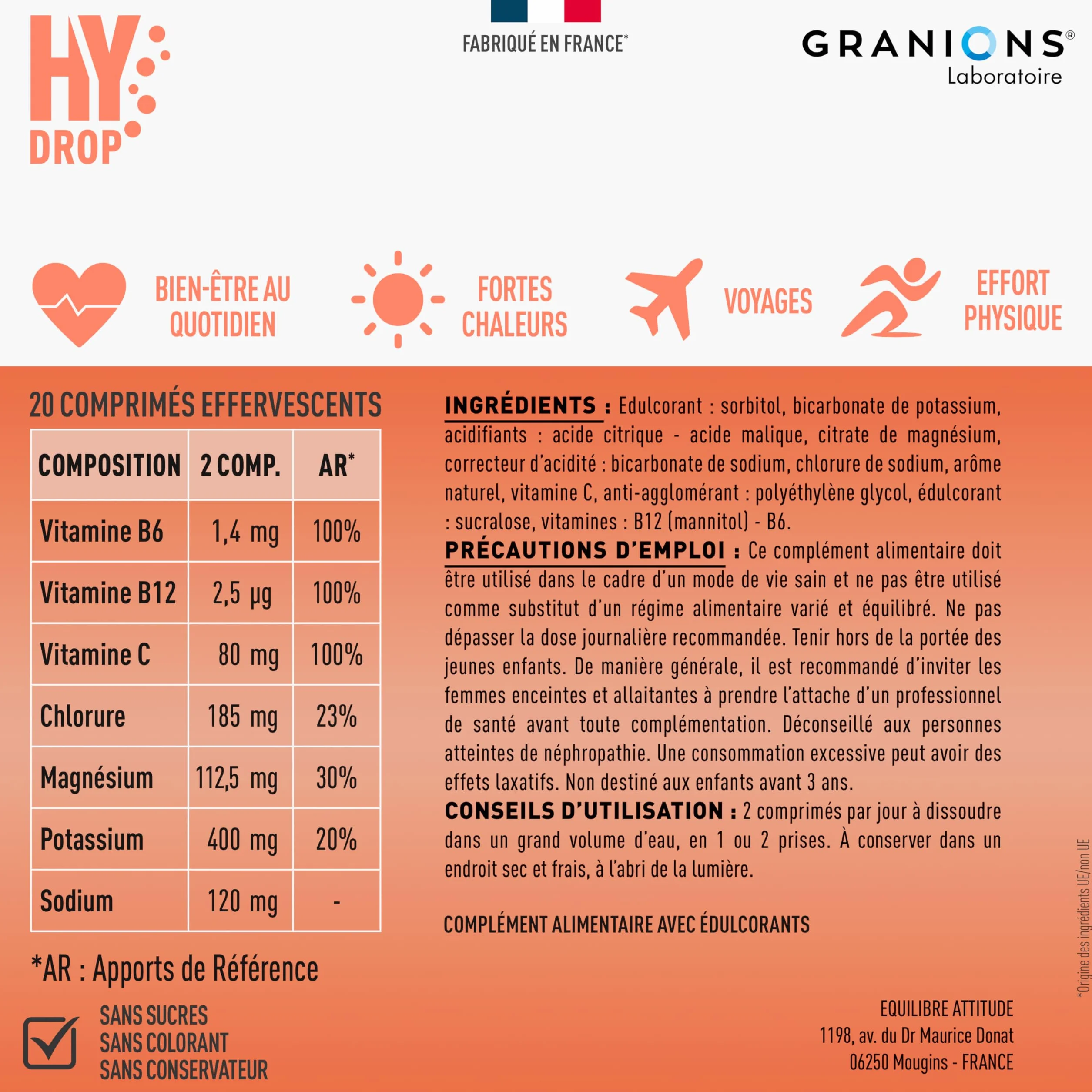 GRANIONS HYDROP Pastilles Hydratation Pêche Sans Sucres Électrolytes Magnésium 20 Pastilles Effervescentes