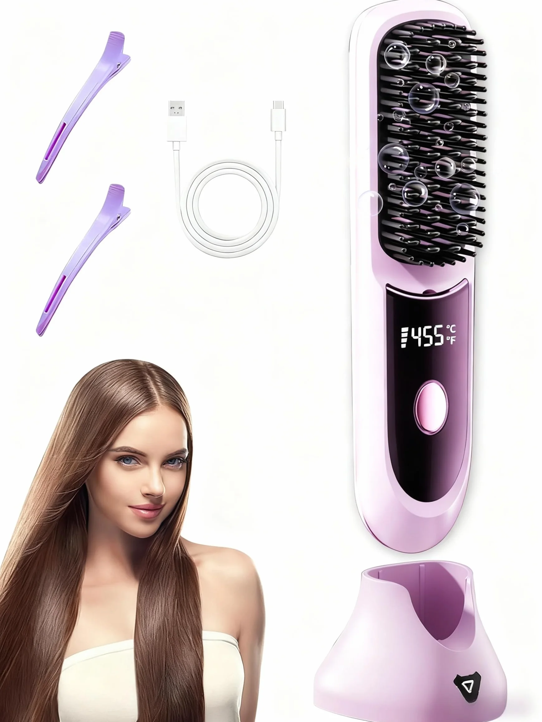 Go Brush Pro Fer à lisser – Peigne sans fil avec ion négatif, chauffage rapide 6000 mAh et design de voyage portable, brosse rechargeable pour lisser et boucler (violet, 1 pièce)